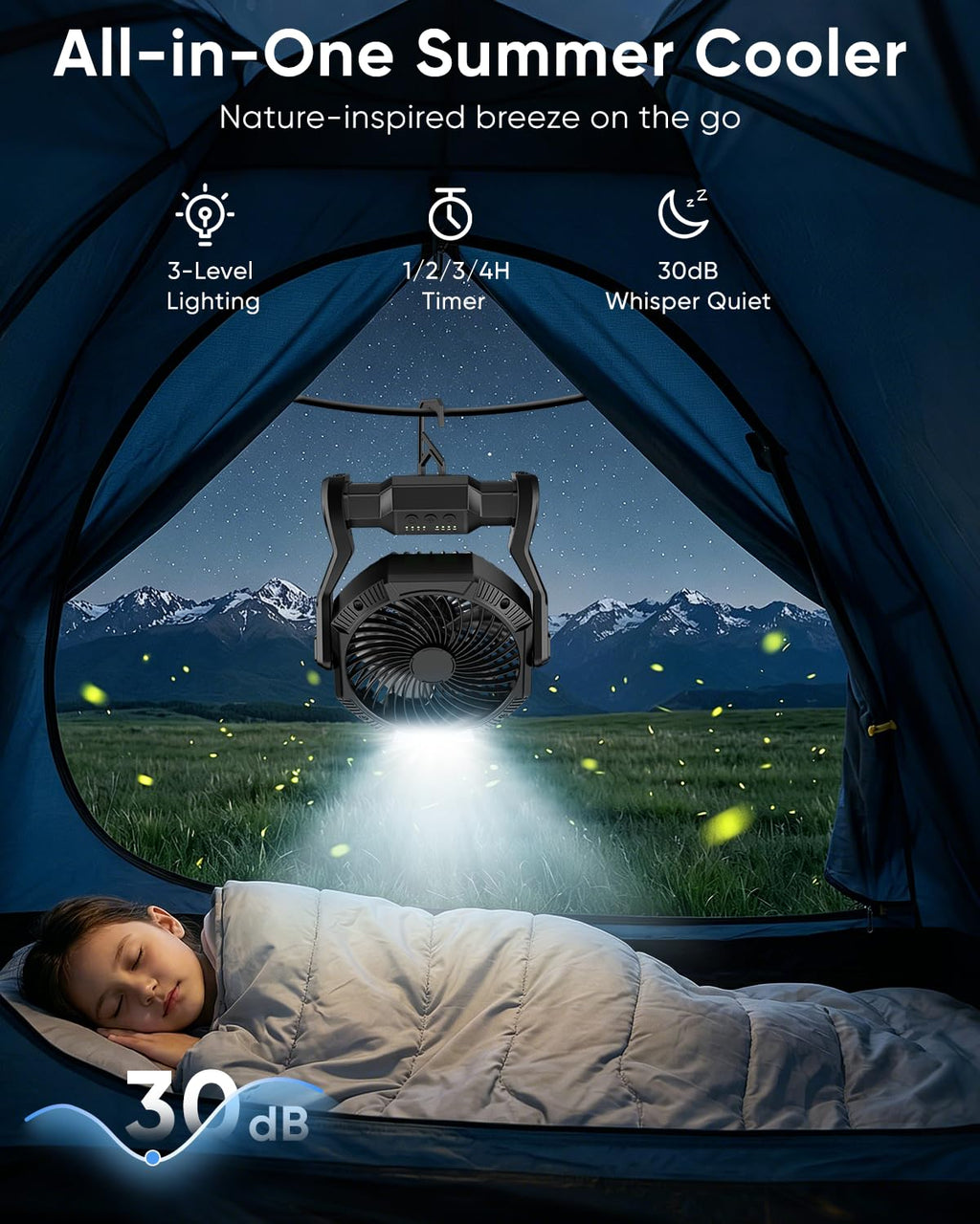 Aynvixt Portable Rechargeable Fan, 20000mAh Battery Powered Camping Fan with LED Light & Hook, 270° Adjustable, 4-Speed, 4H Timer Camping Essentials for Outdoor Tent Travel BBQ Car, Gifts for Men Dad