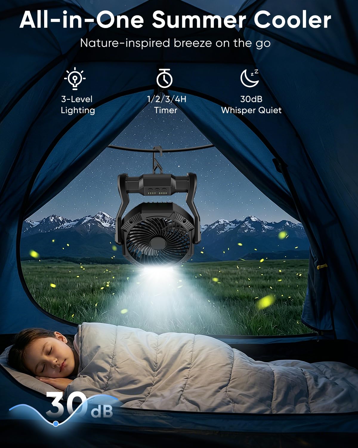 Aynvixt Portable Rechargeable Fan, 20000mAh Battery Powered Camping Fan with LED Light & Hook, 270° Adjustable, 4-Speed, 4H Timer Camping Essentials for Outdoor Tent Travel BBQ Car, Gifts for Men Dad