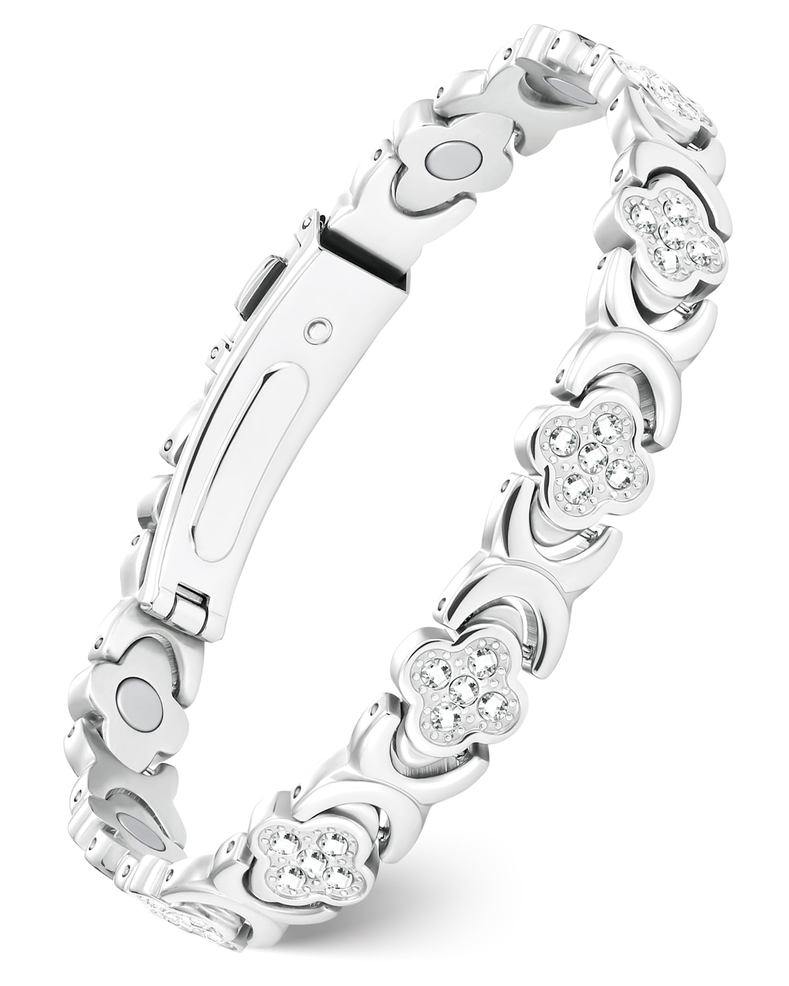 Feraco Pure Copper Bracelets for Women, Ultra Strength Magnetic Bracelet with 3800 Gauss Magnets & Sparkling Zirconia, Adjustable, Infinite Clover Jewelry (Silver)