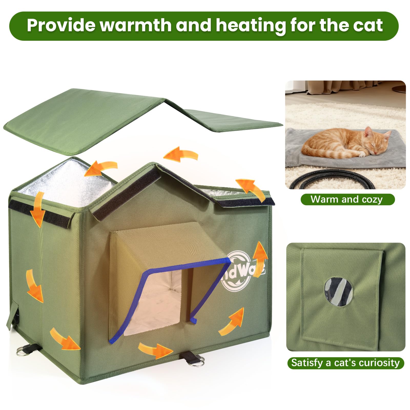 TENDWARE Outdoor Cat House Heated Cat House for Outside with Elevated Base Cat-Attracting Eave Design Feral Stray Shelter Weatherproof in Winter Garage Yard Porch