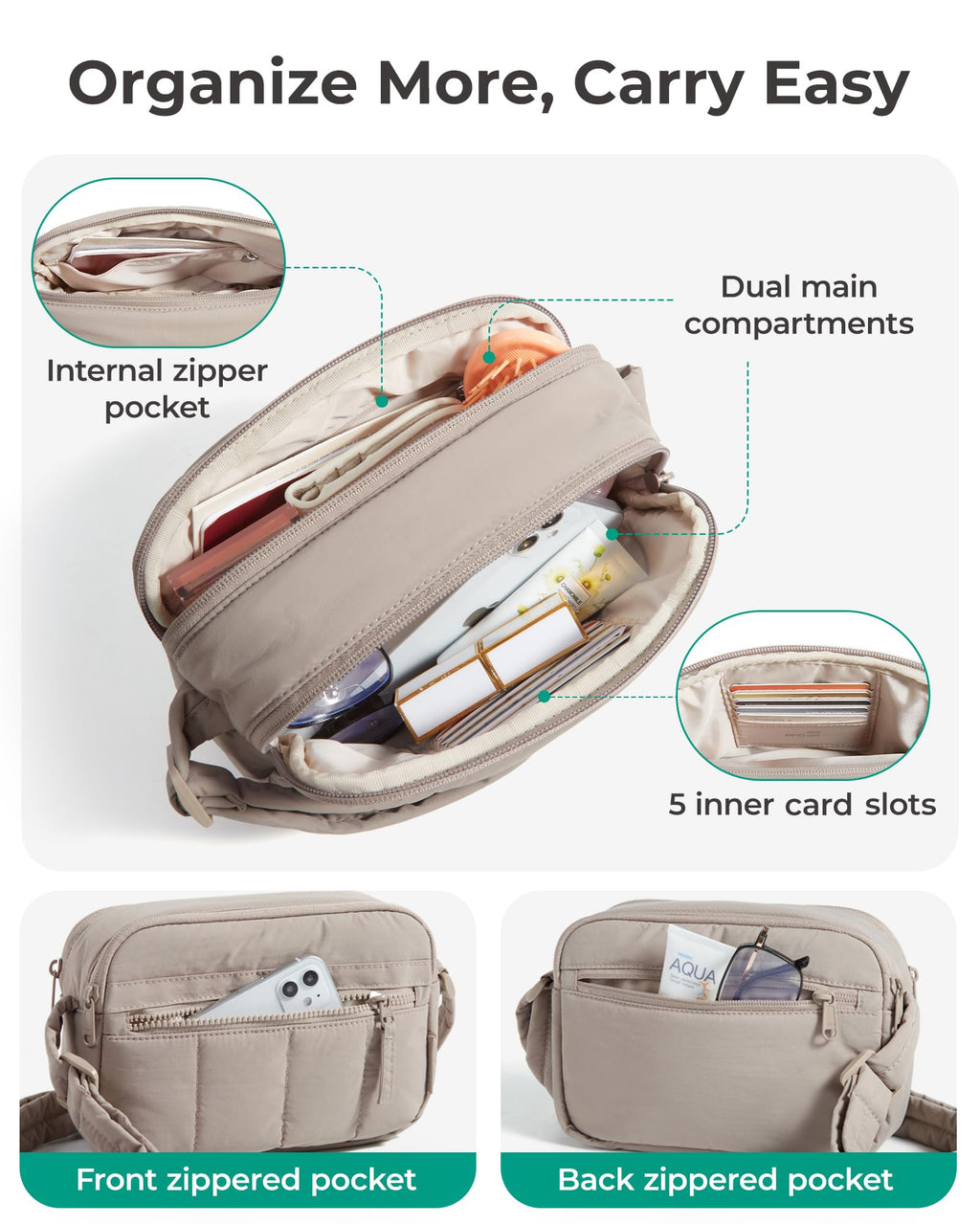 BAGSMART Cross Body Purse, Mini Crossbody Bags for Women Travel Purse, Puffy Shoulder Handbag Wallet with RFID Blocking Slots, Brown-small