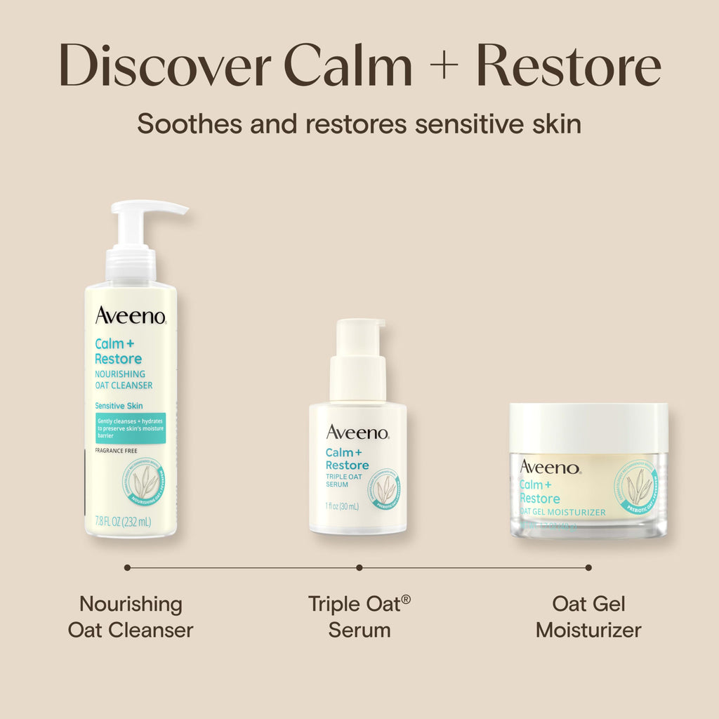 Aveeno Calm + Restore Nourishing Oat Cleanser, Daily Hydrating Facial Cleanser & Face Wash for Sensitive Skin, Non-Foaming, Hypoallergenic, Non-Comedogenic, Fragrance-Free, with Feverfew, 7.8 fl oz