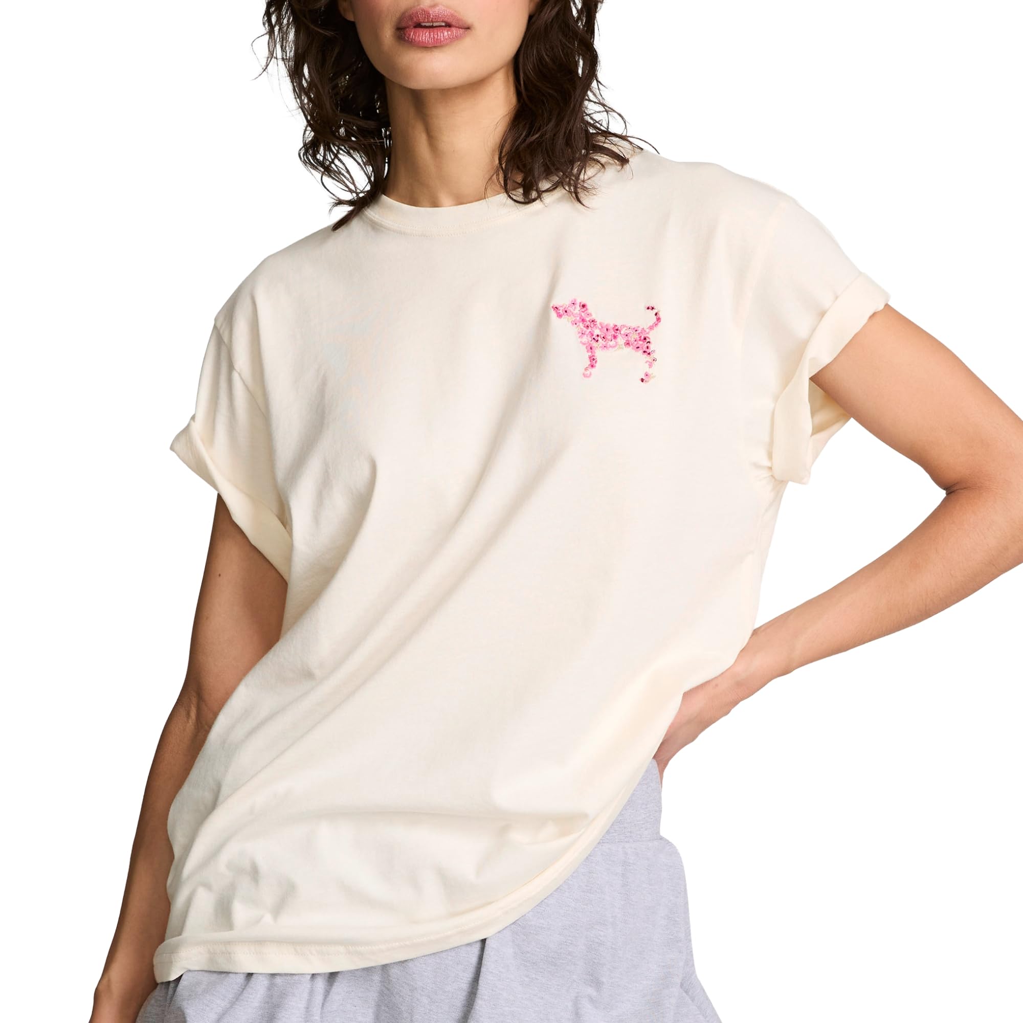 Victoria's Secret Pink Women's Oversized Campus Cotton T-Shirt, Winter White, (XS)