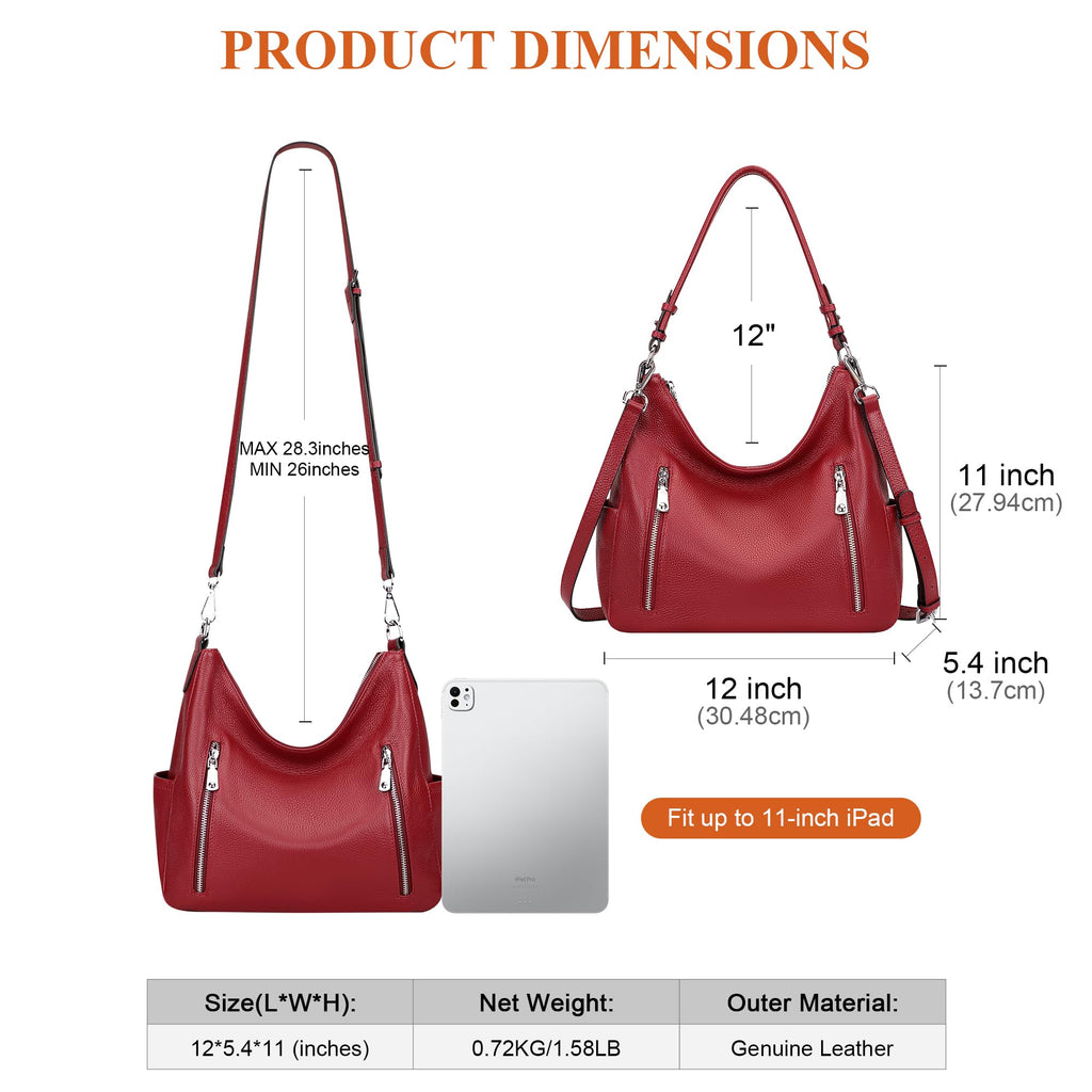 Over Earth Genuine Leather Purses for Women Medium Hobo Bag Lady Crossbody Handbags with 2 Detachable Straps(O150E UG Wine Red)