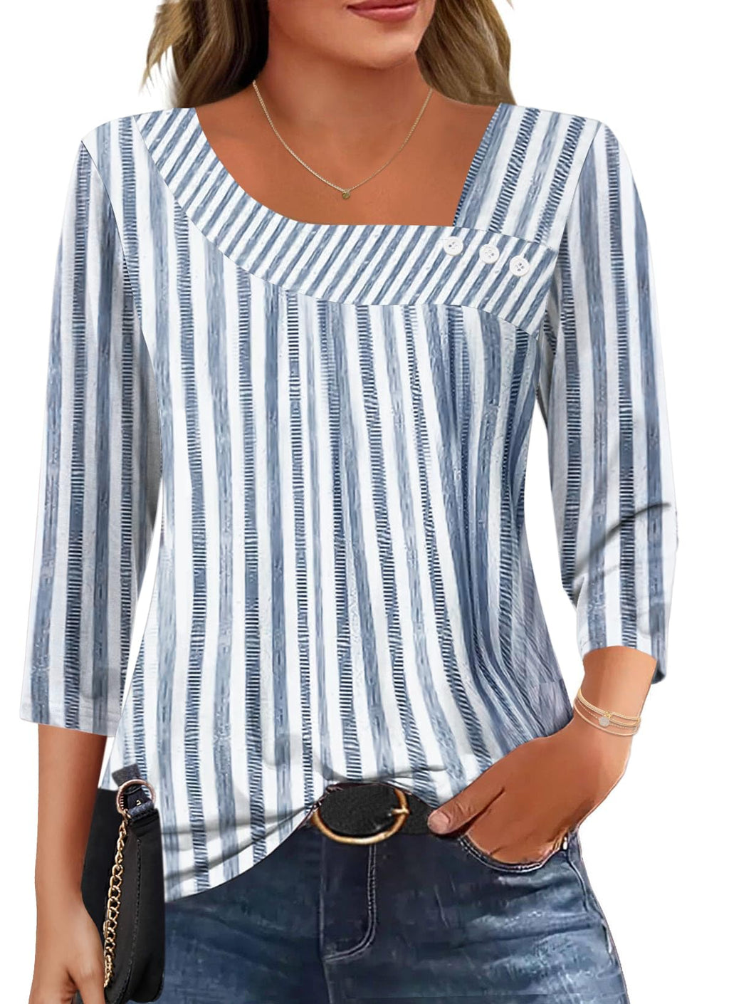 LOMON Ladies Tops and Blouses 3/4 Length Sleeve Womens Summer Tops Asymmetrical 2026 Trendy Spring Clothes M
