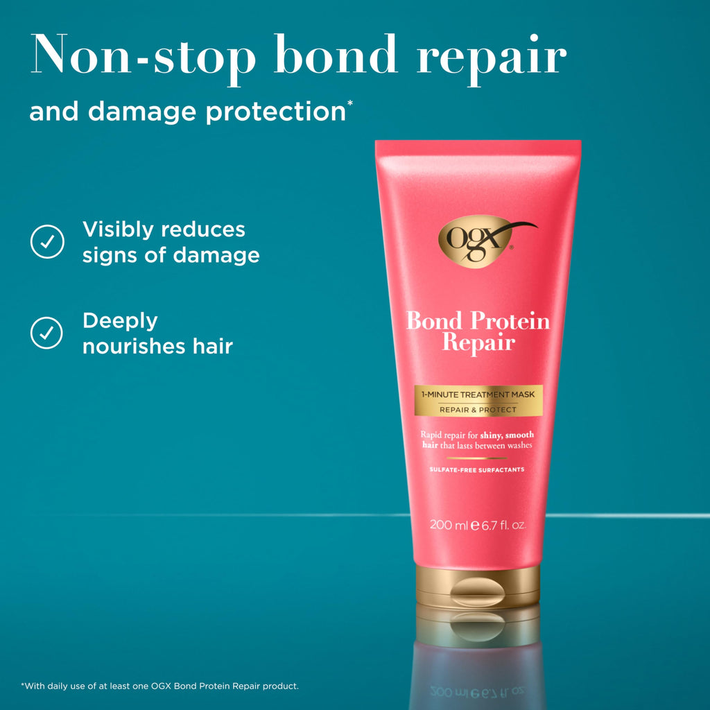 OGX Repair & Protect Bond Protein Repair 1-Minute Treatment Mask, Deep Conditioning Hair Mask Rapidly Repairs for Shiny, Smooth Hair That Lasts Between Washes, 6.7 fl. oz