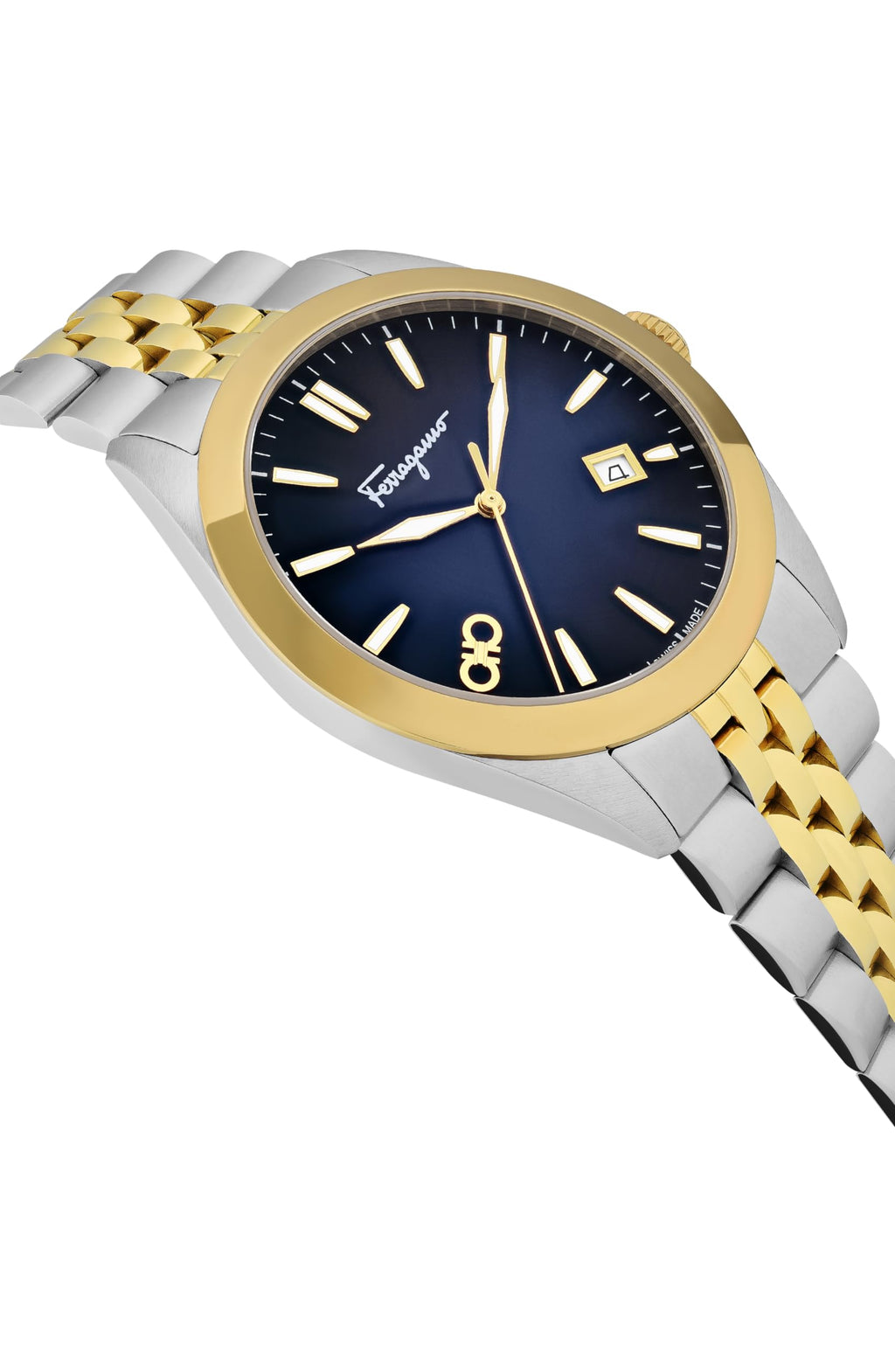 Ferragamo Classic Collection Luxury Mens Watch Timepieces with a Two Tone Bracelet and Case Featuring a Blue Dial