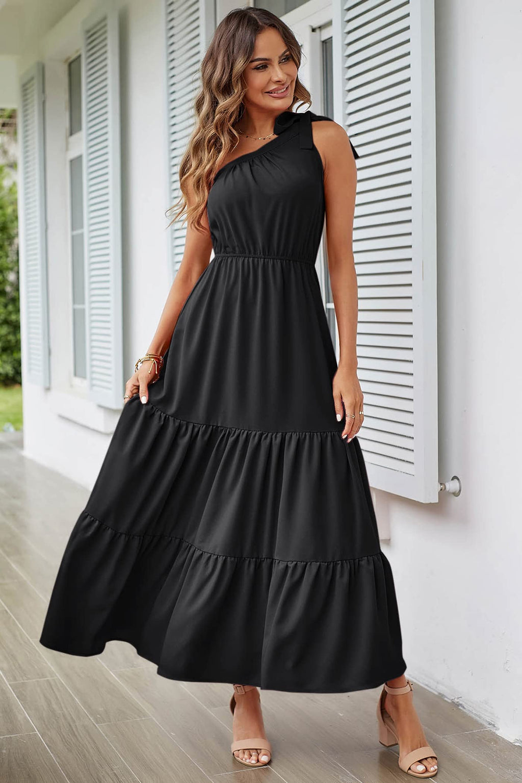PRETTYGARDEN Women's Summer Floral Maxi Dress Knot One Shoulder Sleeveless Ruffle Flowy Boho Beach Wedding Guest Dresses (Solid Black,XX-Large)