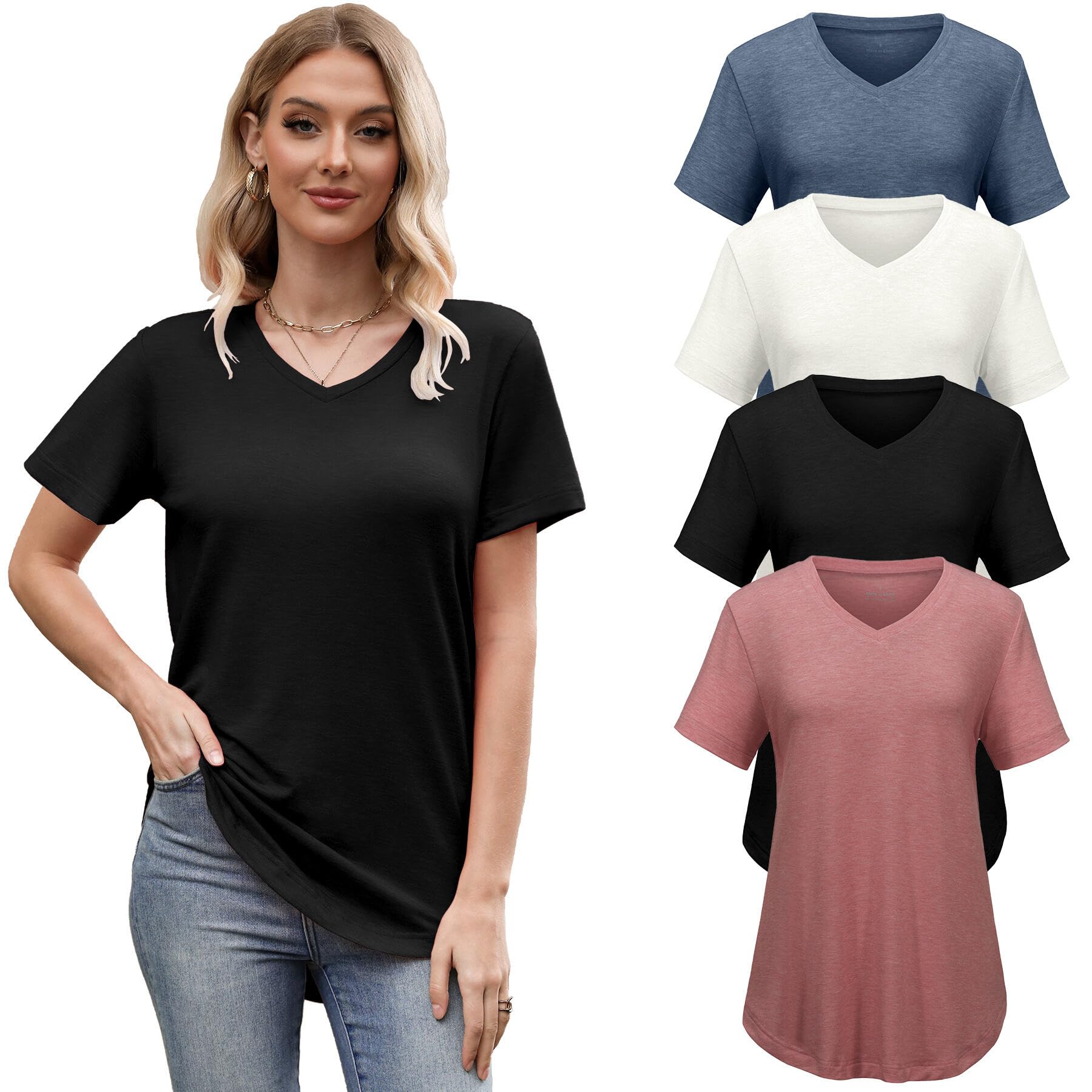 VILIGO 4 Pack V Neck T Shirts for Women Short Sleeve Shirts Basic Casual Tees Loose Fit Plus Size Tops Plain Summer Clothes, Black/Beige/Navy/Mauve 2XL