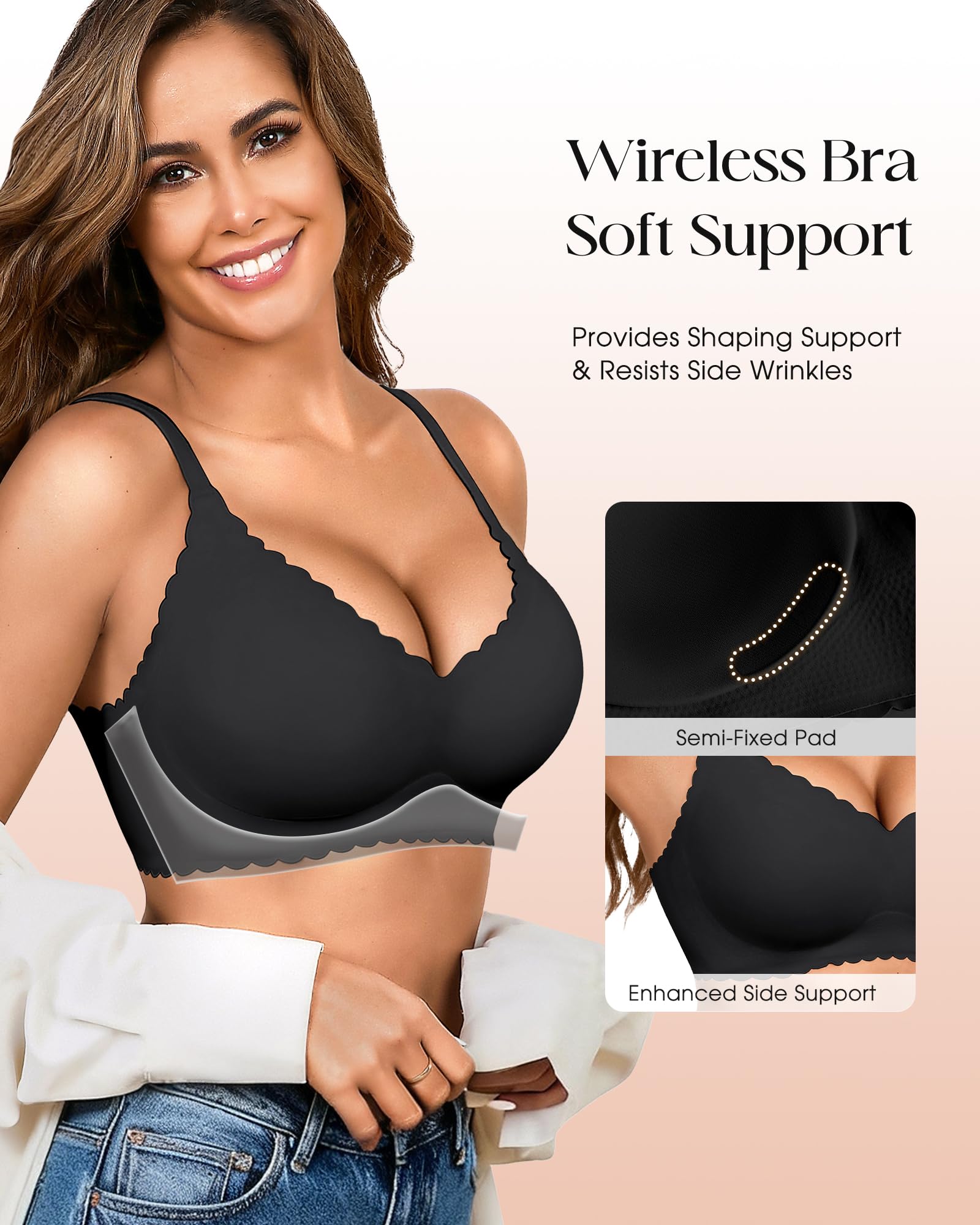 Wireless Seamless Bras for Women with Support - No Wire Push Up Womens Bra - No Underwire Padded Comfort Bralettes Breast Lift for Back Fat - Coverage Comfortable Bralette Wirefree 3 Pack(3P1,M)