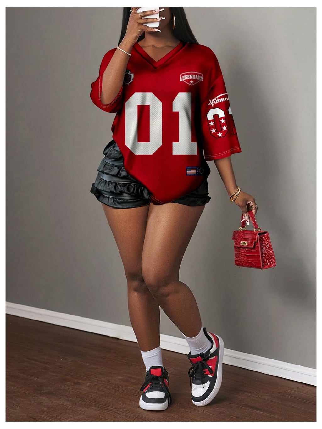 WDIRARA Women's Oversized Jersey Shirts Number Graphic Tee V Neck Half Sleeve T-Shirt Tops Red X-Large
