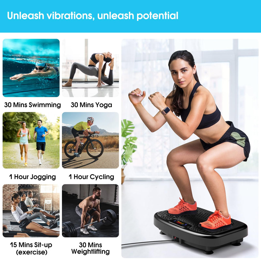 SoftGym Vibration Plate Exercise Machine for Lymphatic Drainage,Power Vibrate Stand Shake Board 450 Lbs Capacity Whole Body Workout Waver with Resistance Bands Weight Loss Gifts for Women Men-Black