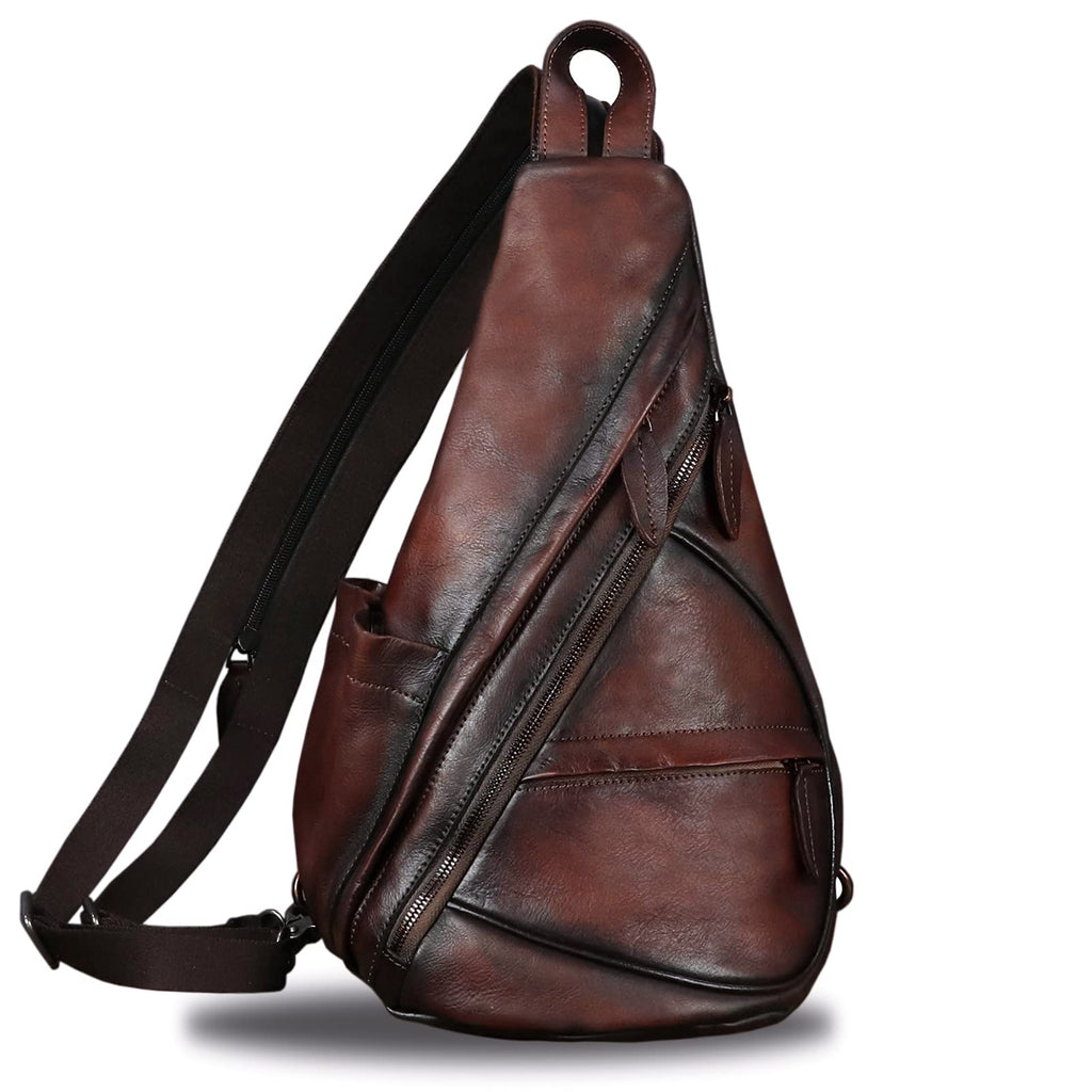 IVTG Genuine Leather Sling Bag for Men and Women Vintage Sling Backpack Shoulder Crossbody Bag Chest Bag for Ipad (LightCoffee)