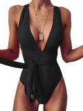 Lilosy Petite Sexy Lace Up Plunge Neck Backless High Waisted Cut Leg Rise Thong Cheeky Brazilian 1 Piece Bikini Swimsuit Women Back Bathing Suit Tie Criss Cross Monokini Black XX-Small
