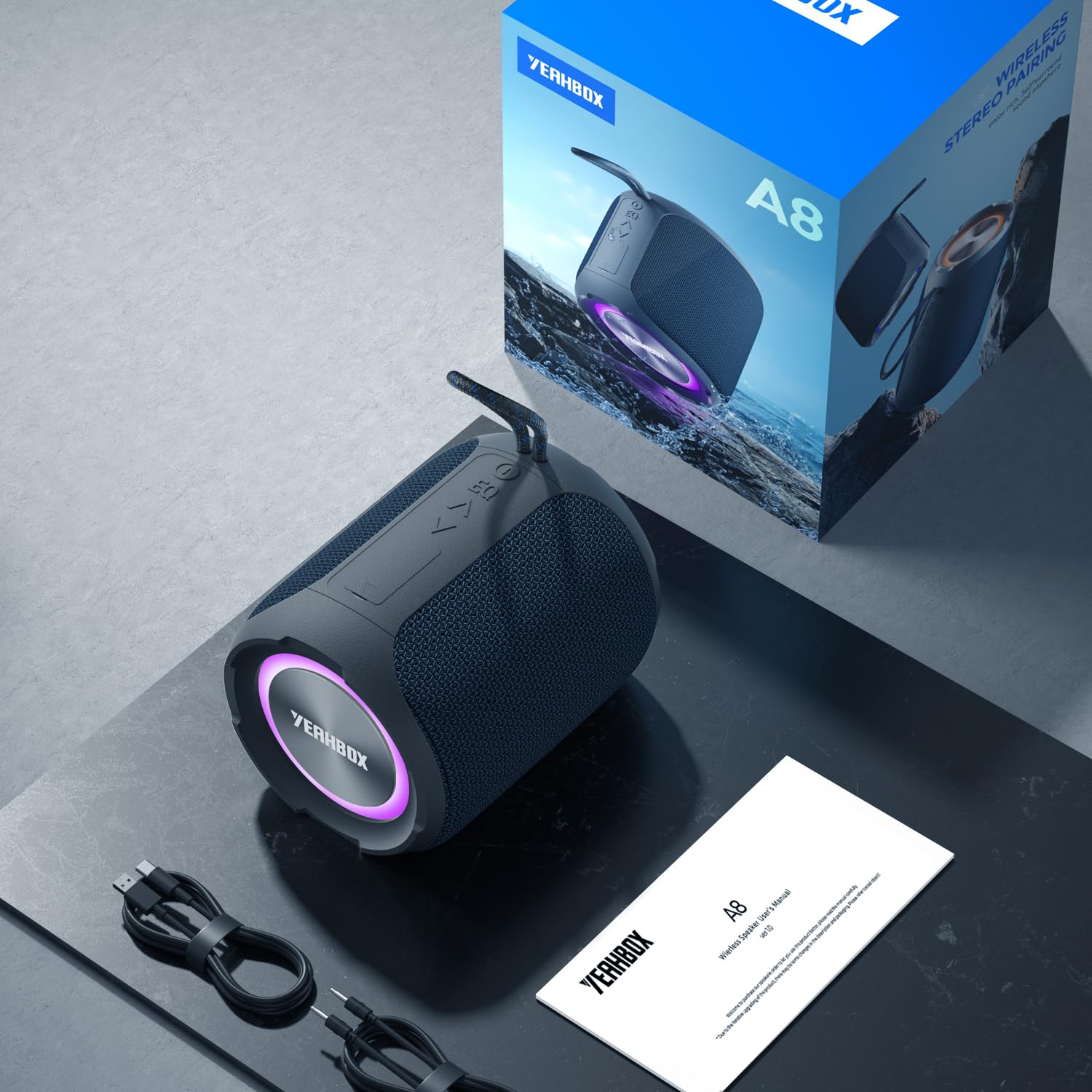 YEAHBOX Portable Bluetooth Speaker, Bluetooth 5.3 40W Wireless Stereo with Deep Bass, RGB Lights, IPX7 Waterproof, Long-Lasting Battery, TWS Pairing for Outdoor, Party, Shower & Home