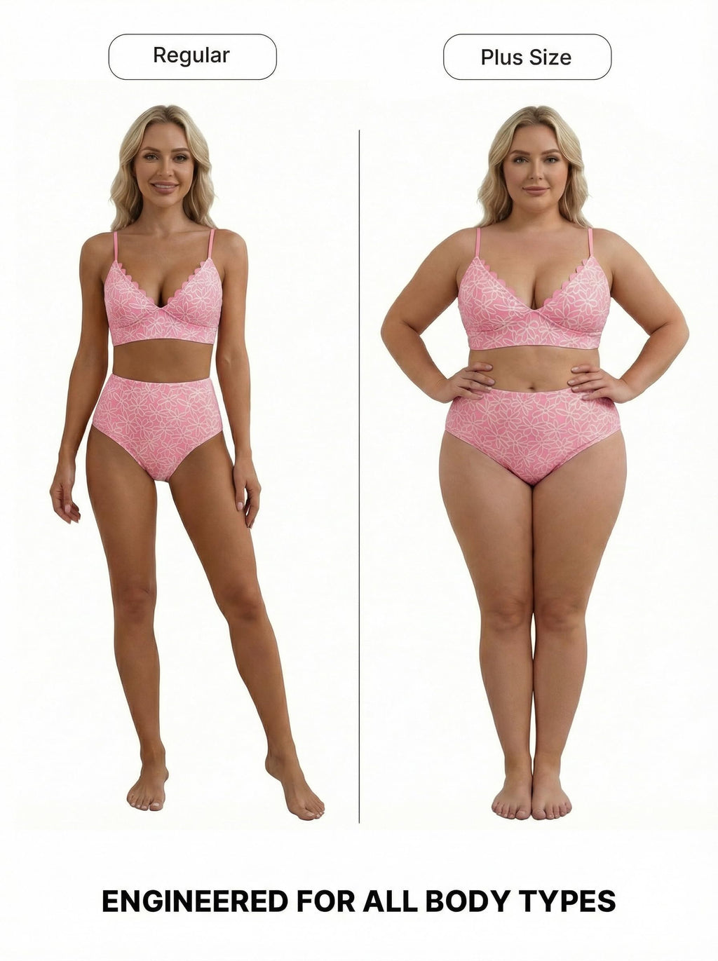 Herseas Women's Stitching Floral Textured Bikini Sets Scalloped V Neck Swimsuits High Waisted Tummy Control Bathing Suits Chic Pink Resort Essentials for Teens 2026 Summer XX-Large