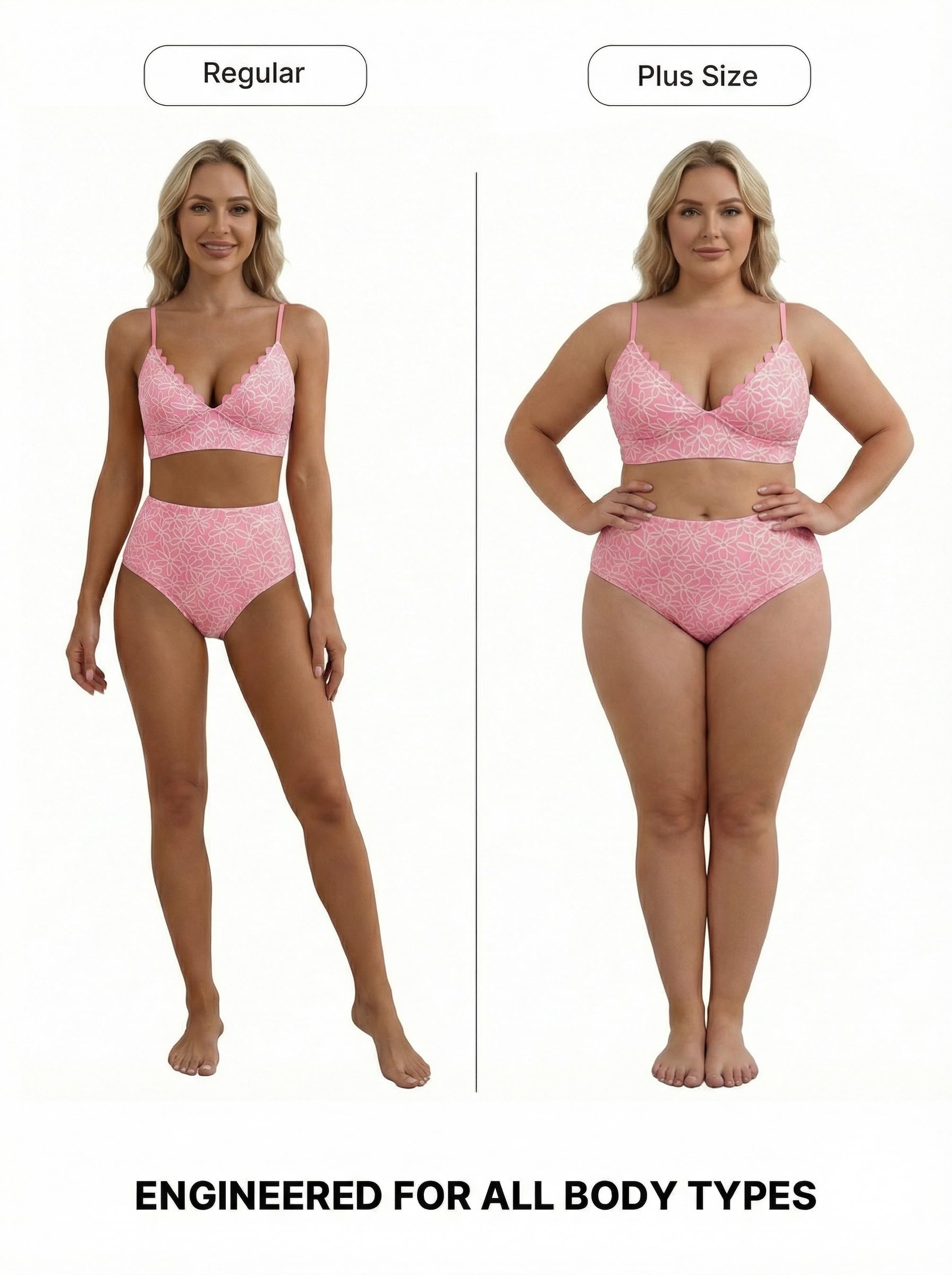 Herseas Women's Stitching Floral Textured Bikini Sets Scalloped V Neck Swimsuits High Waisted Tummy Control Bathing Suits Chic Pink Resort Essentials for Teens 2026 Summer XX-Large