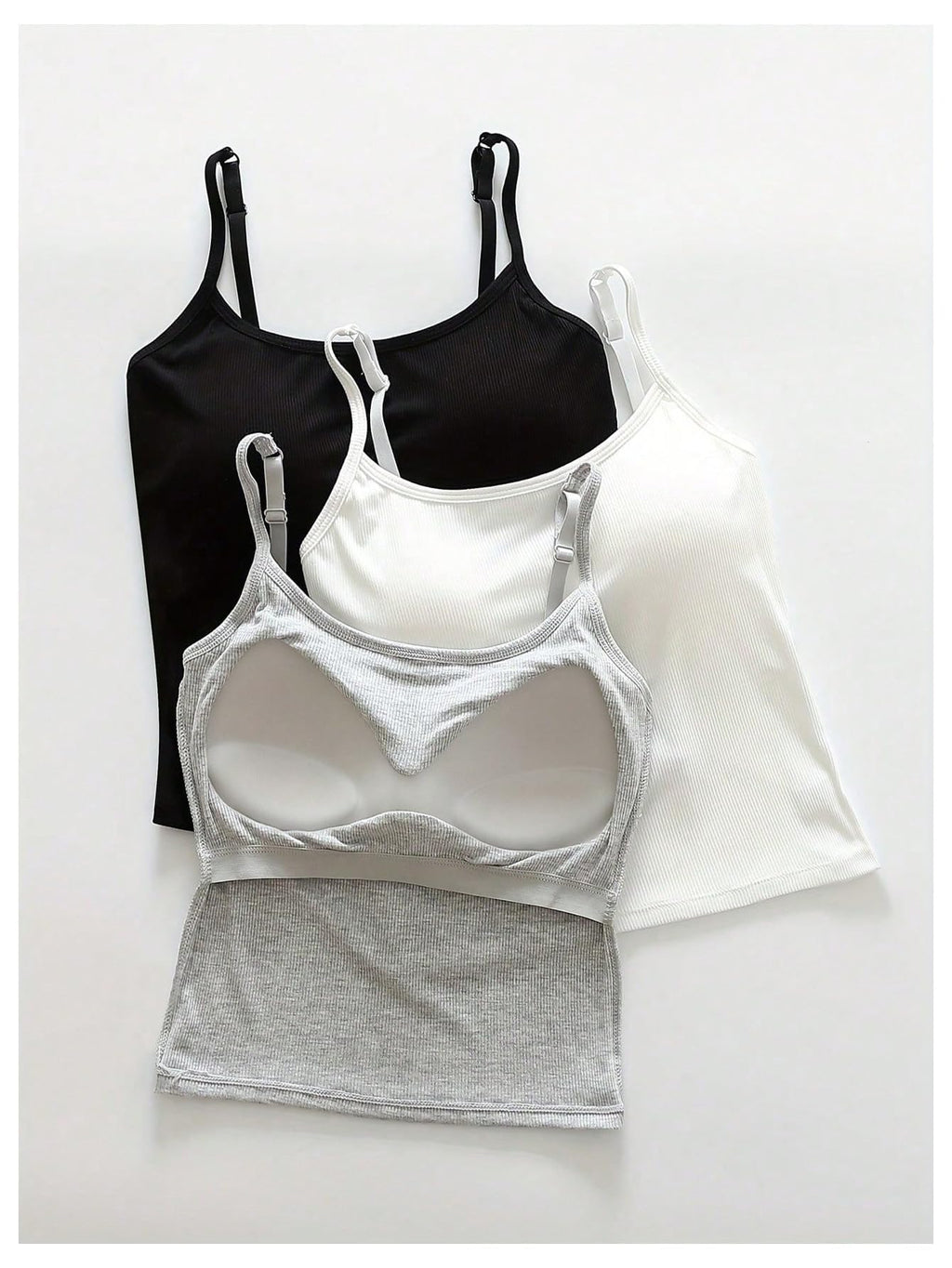 WDIRARA Women's 3 Pack Cami Crop Top Built in Bra Spaghetti Strap Tank Camisole Tops Black White Grey Medium