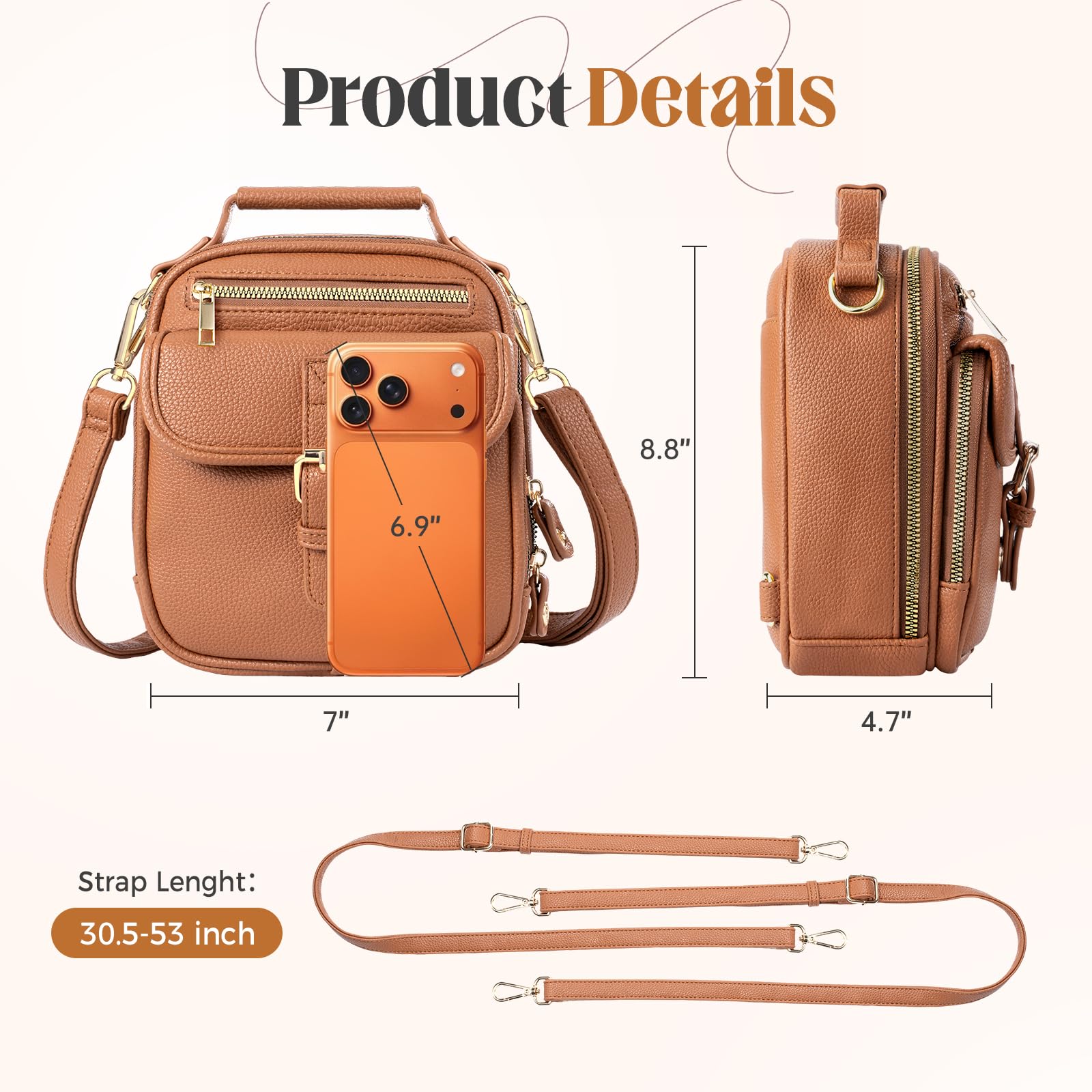 Vegan Leather Crossbody Bag for Women with 2 Straps, Small Messenger Bag with Anti Theft Zipper Pocket Vintage Shoulder Bag