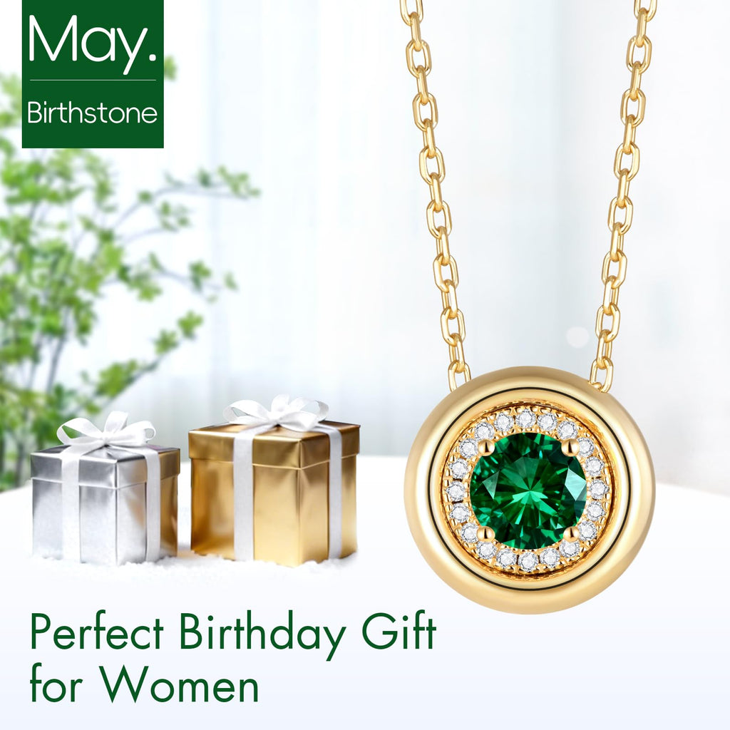 May‌ Emerald Birthstone Necklaces for Women 14K Gold Plated 925 Sterling Silver Round Emerald Pendant Necklace Anniversary Jewelry Gifts