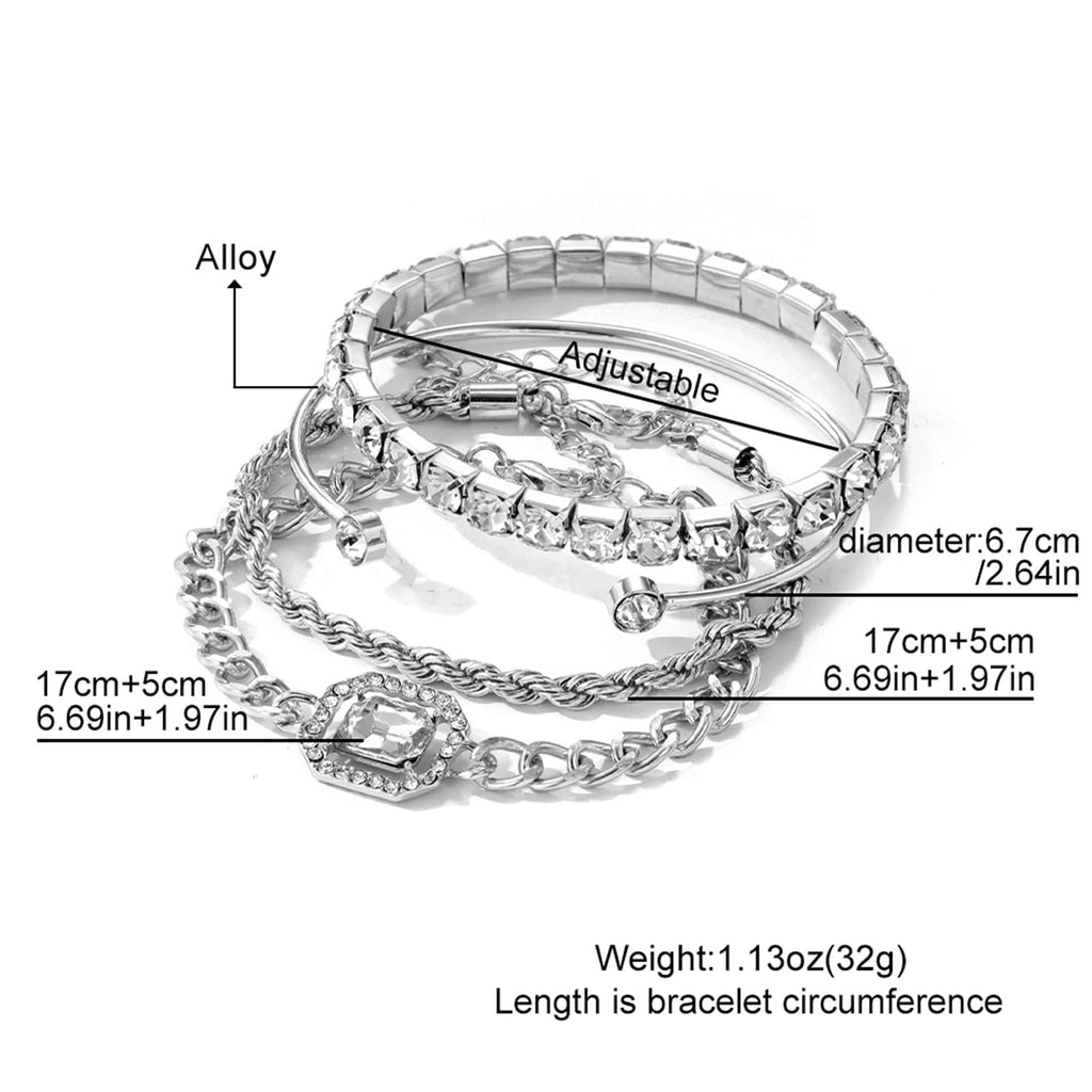 17IF 4 Pcs Dainty Silver Bracelets Set for Women 14K Plated Link Cubic Zirconia Paperclip Stack Layering Chain Adjustable Trendy Hand Jewelry (Silver)