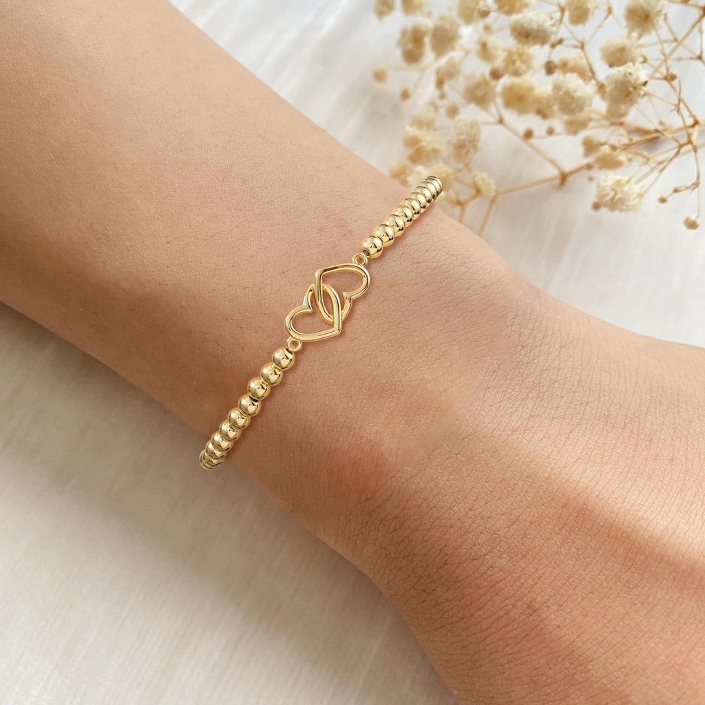 Valentines Day Gifts for Women Her - 14K Gold Plated Beaded Stretch Handmade Ball Bracelets Cute Charm Bracelet Dainty Stackable Jewelry Gifts Trendy Stuff