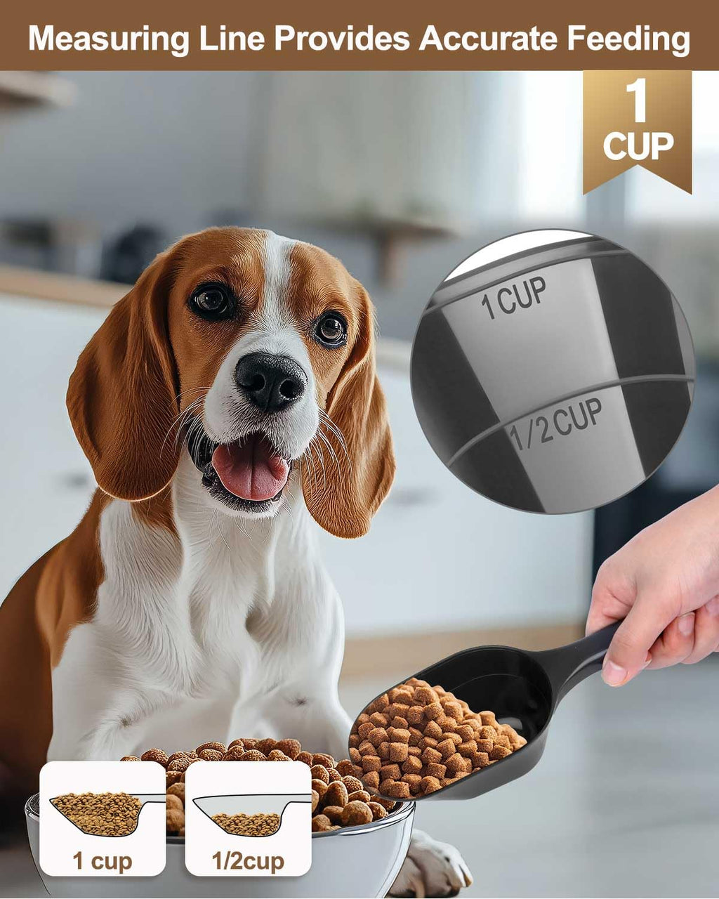Aosnare 2 PACK Dog Food Scoop,1 Cup Capacity Pet Food Scoop With Measuring Lines For Dog, Puppy and Cat (Black)