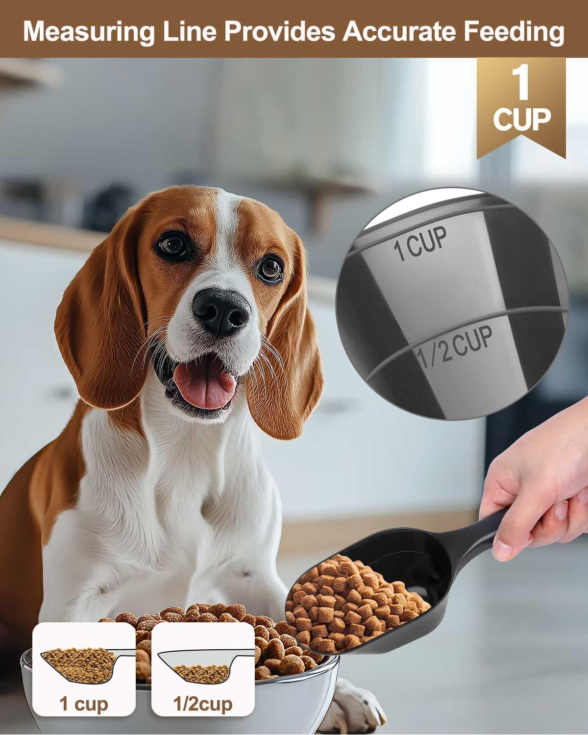 Aosnare 2 PACK Dog Food Scoop,1 Cup Capacity Pet Food Scoop With Measuring Lines For Dog, Puppy and Cat (Black)