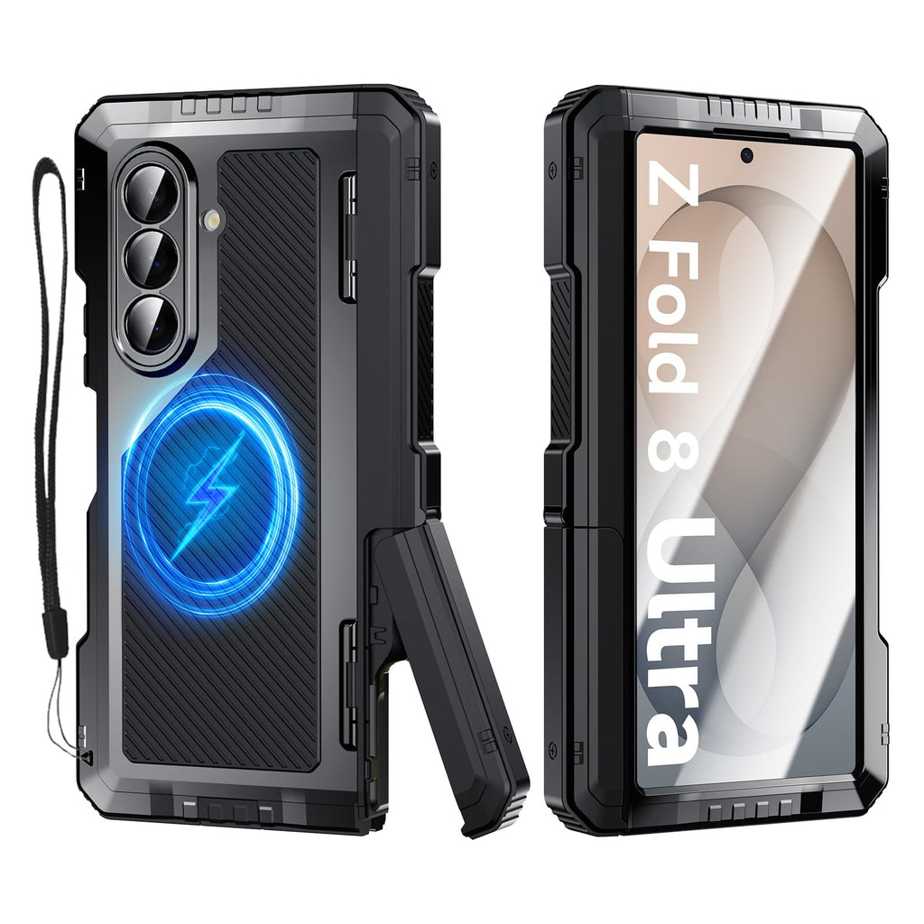 Libeagle Rugged Armor Magnetic Case for Samsung Galaxy Z Fold 8 Ultra, Military Grade Drop Protection, Full Hinge Cover, Built-in Screen Protector & Kickstand, Metal Shockproof Protective Case, Black