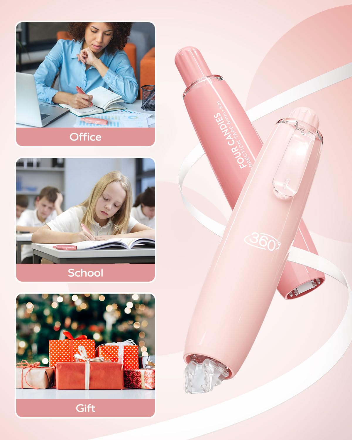 Four Candies Refillable Retractable White Correction Tape, 4PCS Smooth White Pull-Out Tape with 4 Extra Refills, Easy to Use Applicator for Instant Corrections for Office, School Supplies (Pink)