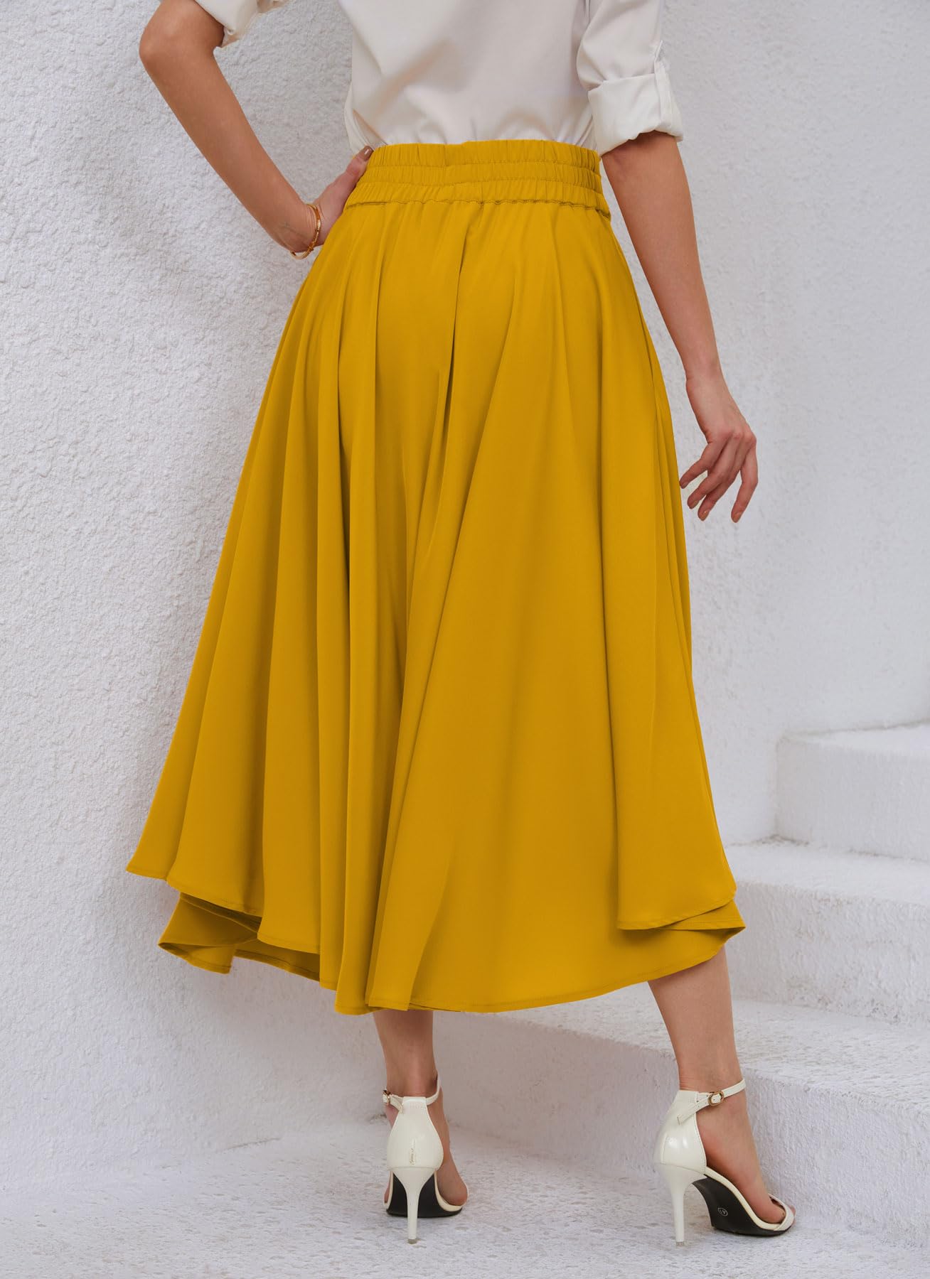 chouyatou Women's Elegant High Waisted Side Slit Irregular Bohemian Maxi Skirt with Pockets (Medium, Yellow)