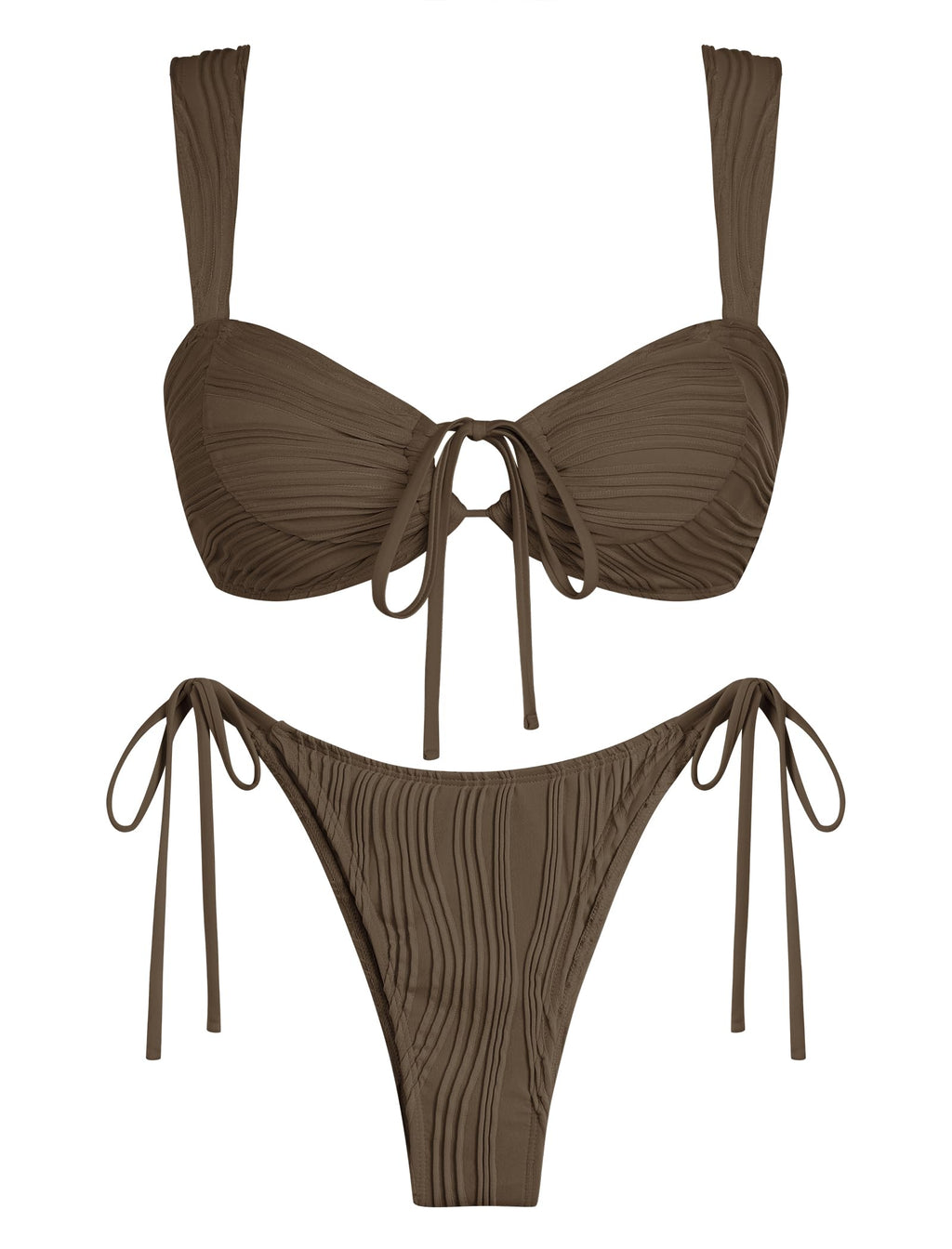 ZAFUL Womens Texture Bikini Sets Knot Front O Ring Tie Wide Straps Swimsuits 2 Pieces String Bathing Suits (1-Brown, L)