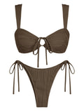 ZAFUL Womens Texture Bikini Sets Knot Front O Ring Tie Wide Straps Swimsuits 2 Pieces String Bathing Suits (1-Brown, L)
