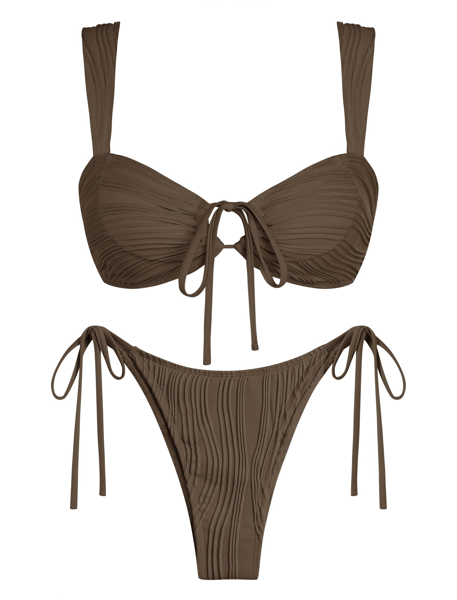 ZAFUL Womens Texture Bikini Sets Knot Front O Ring Tie Wide Straps Swimsuits 2 Pieces String Bathing Suits (1-Brown, L)