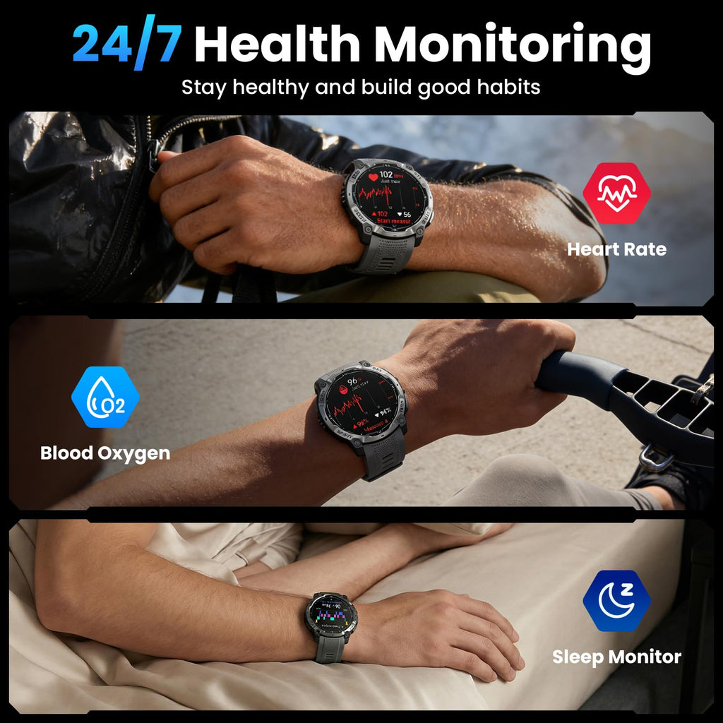 Joautrial Military Smart Watch for Men with GPS, 1.43" AMOLED Bluetooth Call, LED Flashlight, Rugged Tactical Watch for Android iOS, 3ATM Waterproof Fitness Tracker with Heart Rate Pedometer (Black)