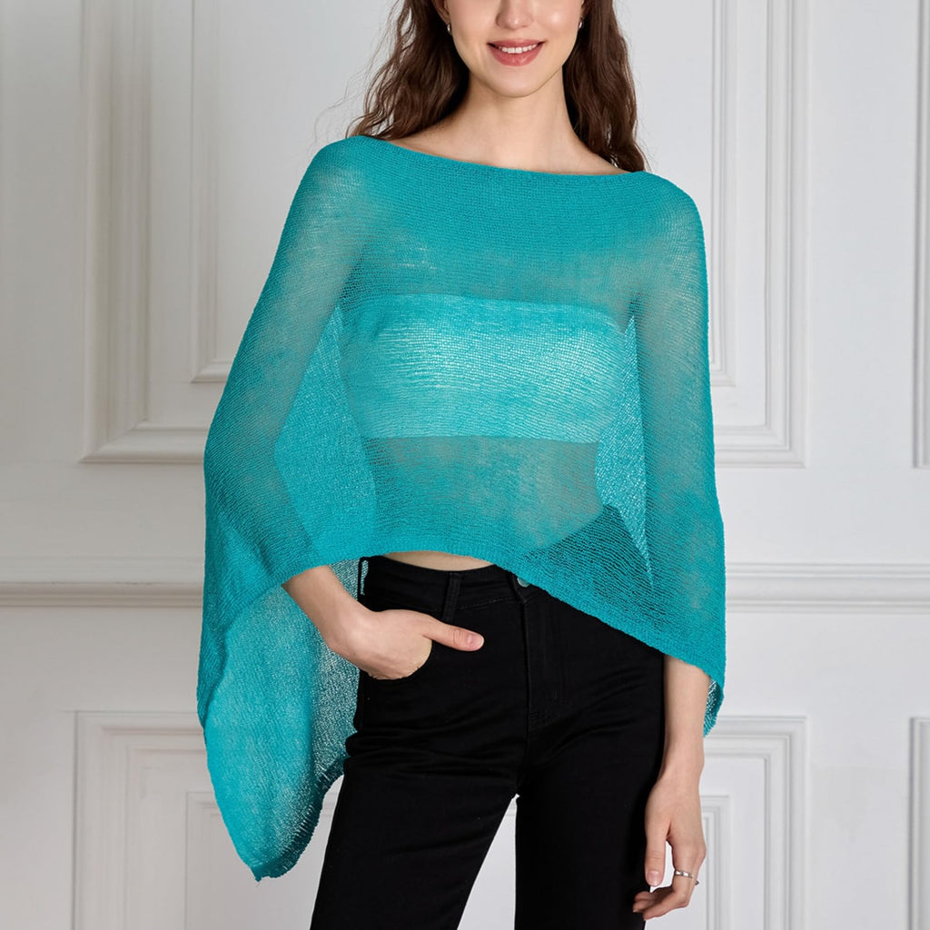 Women Sheer Poncho Top Lightweight Knit Crochet Shrug Bolero Mesh Batwing Sleeve Sweater Cover Up Beachwear