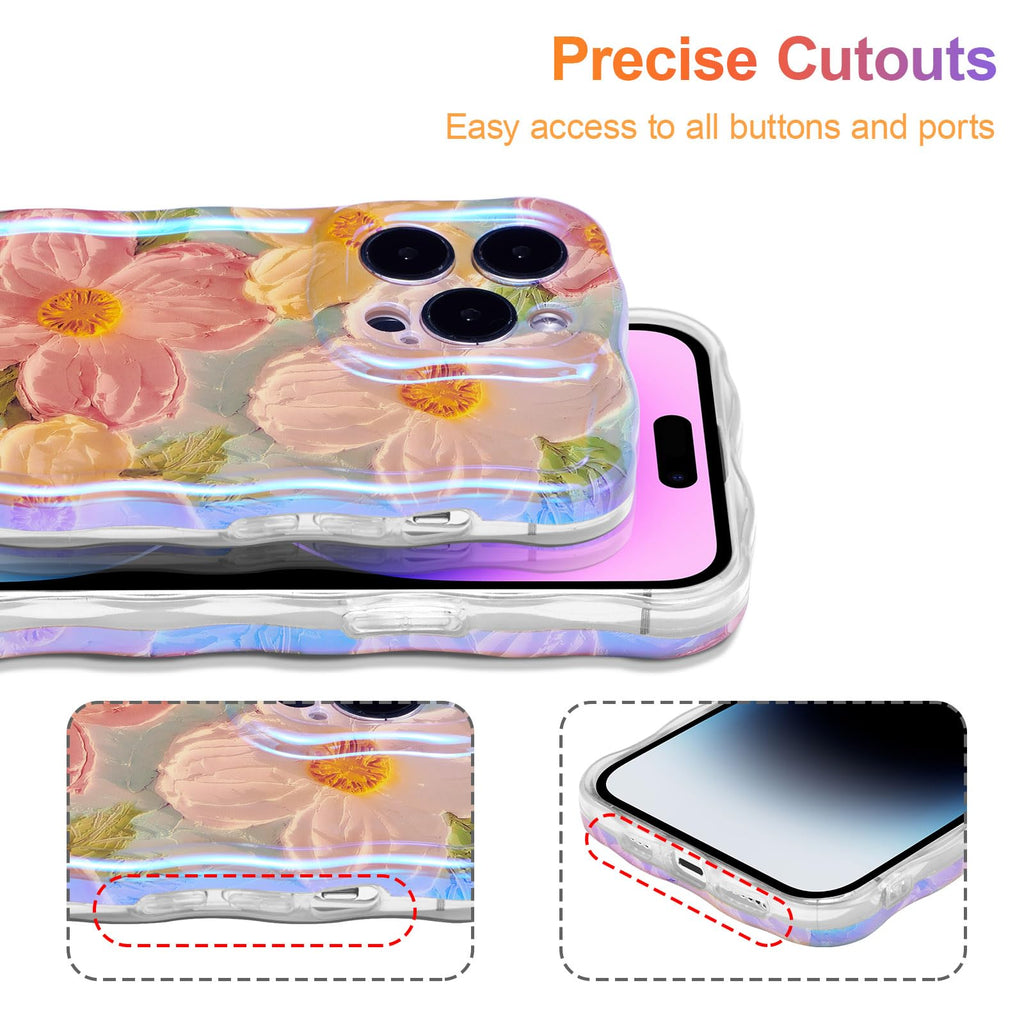 EYZUTAK Case for iPhone 15 Pro Max, Colorful Retro Oil Painting Printed Flower Laser Glossy Pattern Cute Curly Wave Edge Exquisite Phone Cover Stylish Durable TPU Protective Case for Girls Women-Green