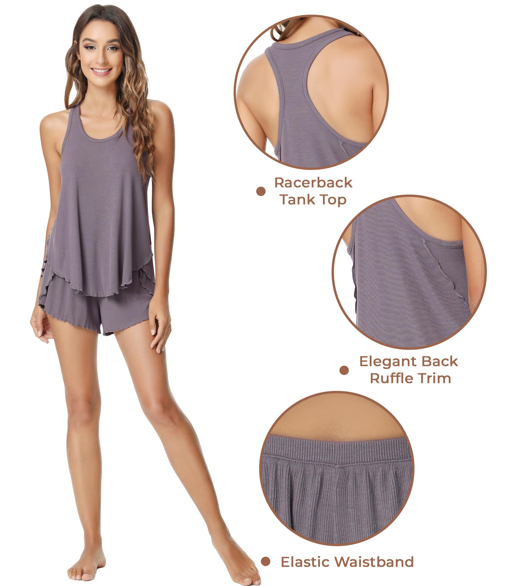 NACHILA Pajamas for Women-Viscose from Bamboo, Ribbed Racerback Tank Top Sexy Split Shorts Pajama Sets Cooling Sleep Cami Pjs Purplish Grey Small