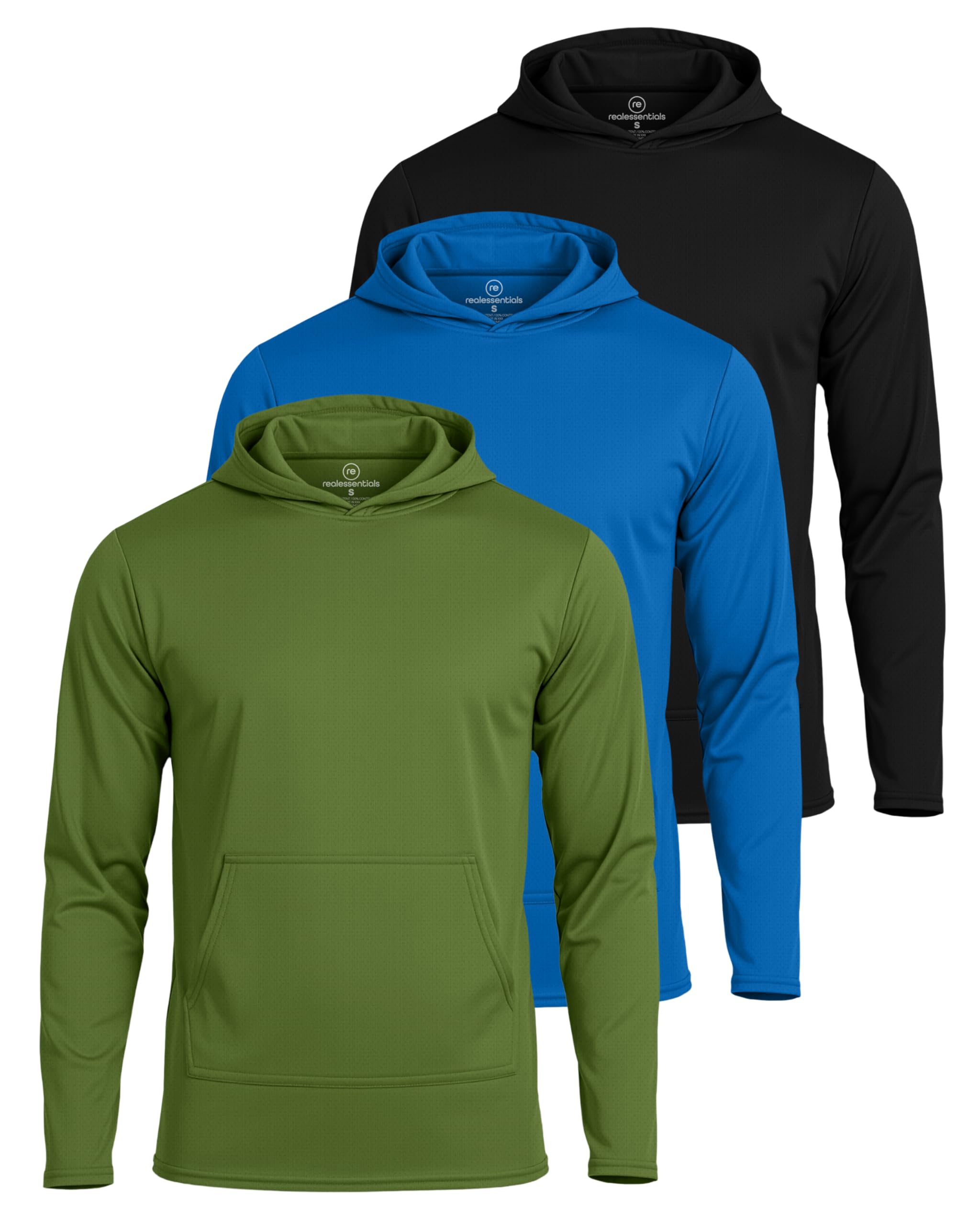 Real Essentials 3 Pack: Mens Mesh Hoodies | Lightweight Long Sleeve Workout & Gym Pullover-Set 6, Large