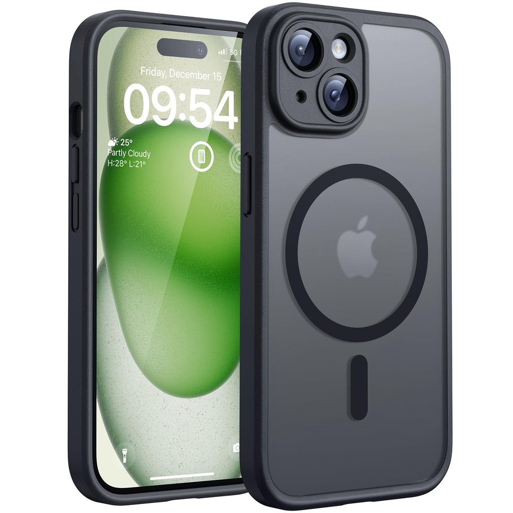 TOCOL Magnetic for iPhone 15 Case, Upgraded Full Camera Protection, Compatible with Magsafe, Drop Protection, Translucent Matte Back Bumper Phone Cover 6.1-Inch（Matte Black）