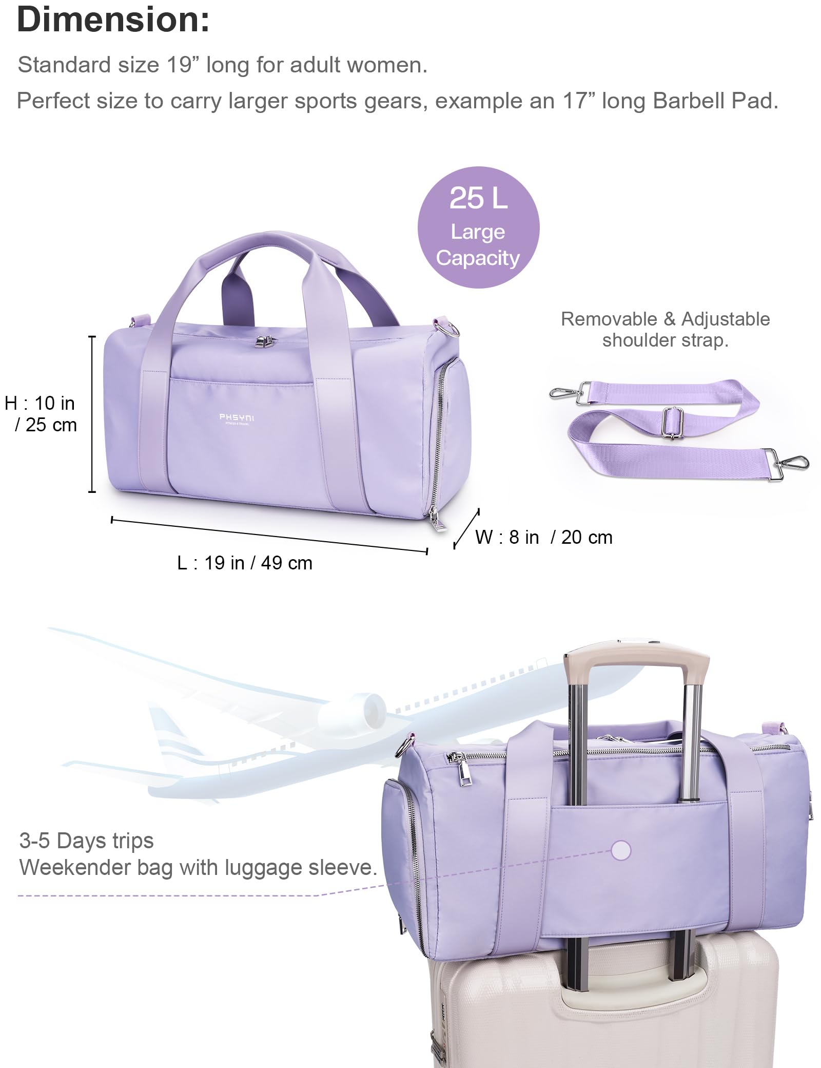 PHSYNI Gym Bag for Women Girls with Shoe Compartment & Wet Pocket - Duffle Bag for Travel Sports Fitness Workout Athletic, 19"-Medium, Purple