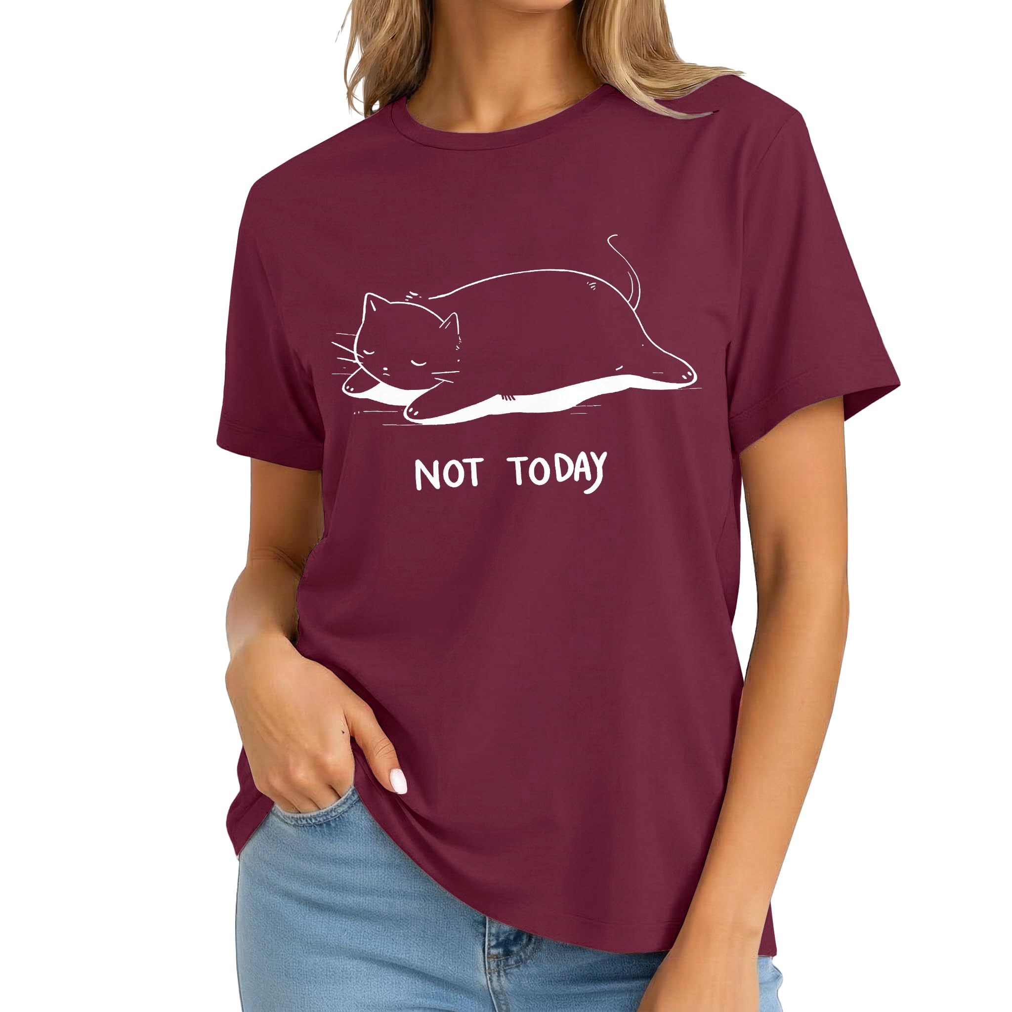Women's Not Today Cat Shirt Funny Graphic Print Tee Teen Girl Short Sleeve Crewneck Casual for Cat Lovers