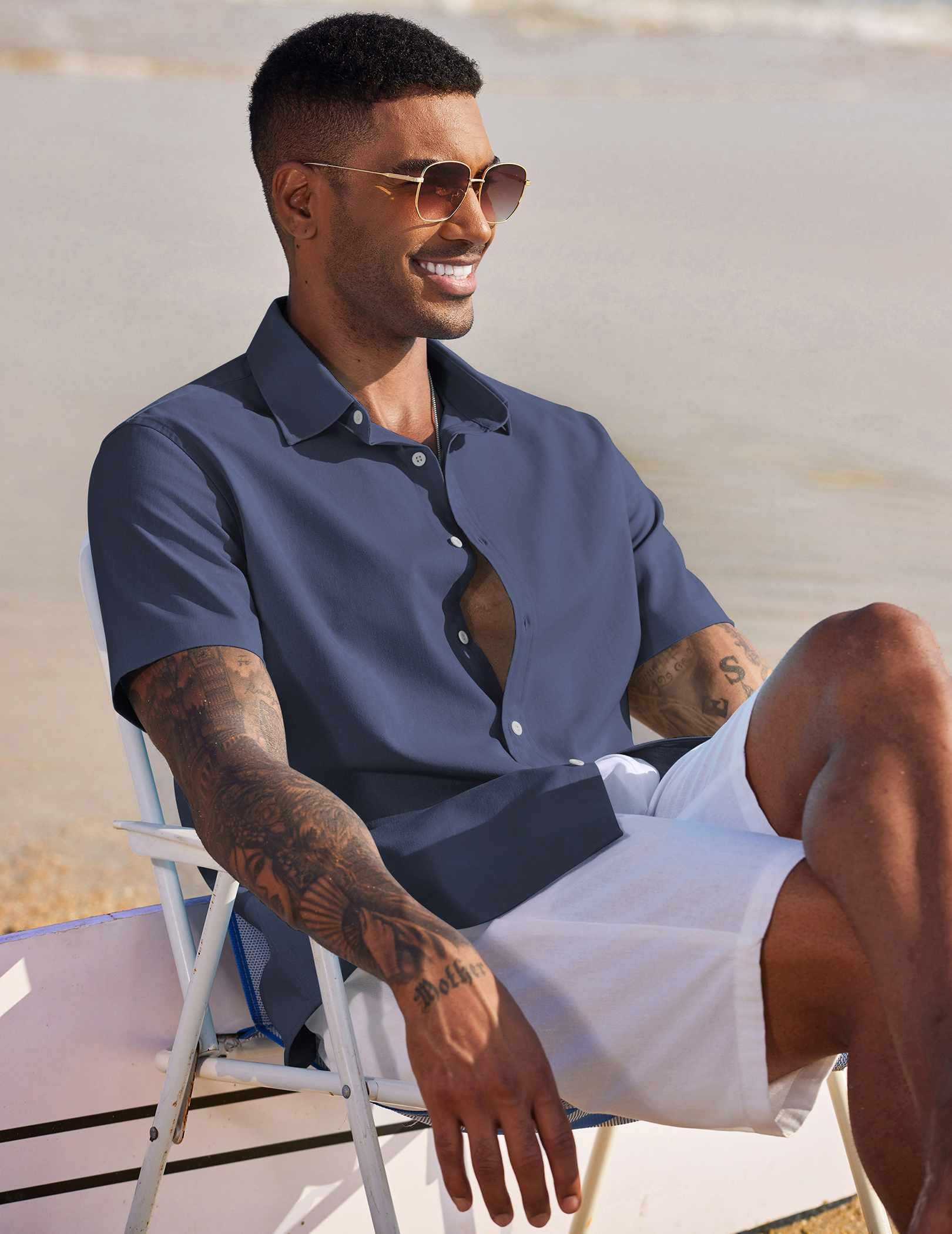 COOFANDY Men's Linen Short Sleeve Outfit Spring Shirt Lightweight Vacation Shirt Navy Blue
