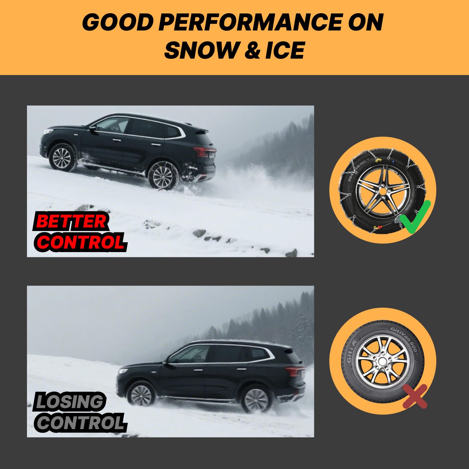 Auto Fixing Snow Chains for Car Tires, Tire Chains for Passenger Cars, Sedan, SUVs, Quick Fit & Easy Installation Snow Tire Chains, Portable Reusable Emergency Tire Traction Chain, Set of 2 (HPK-1553)