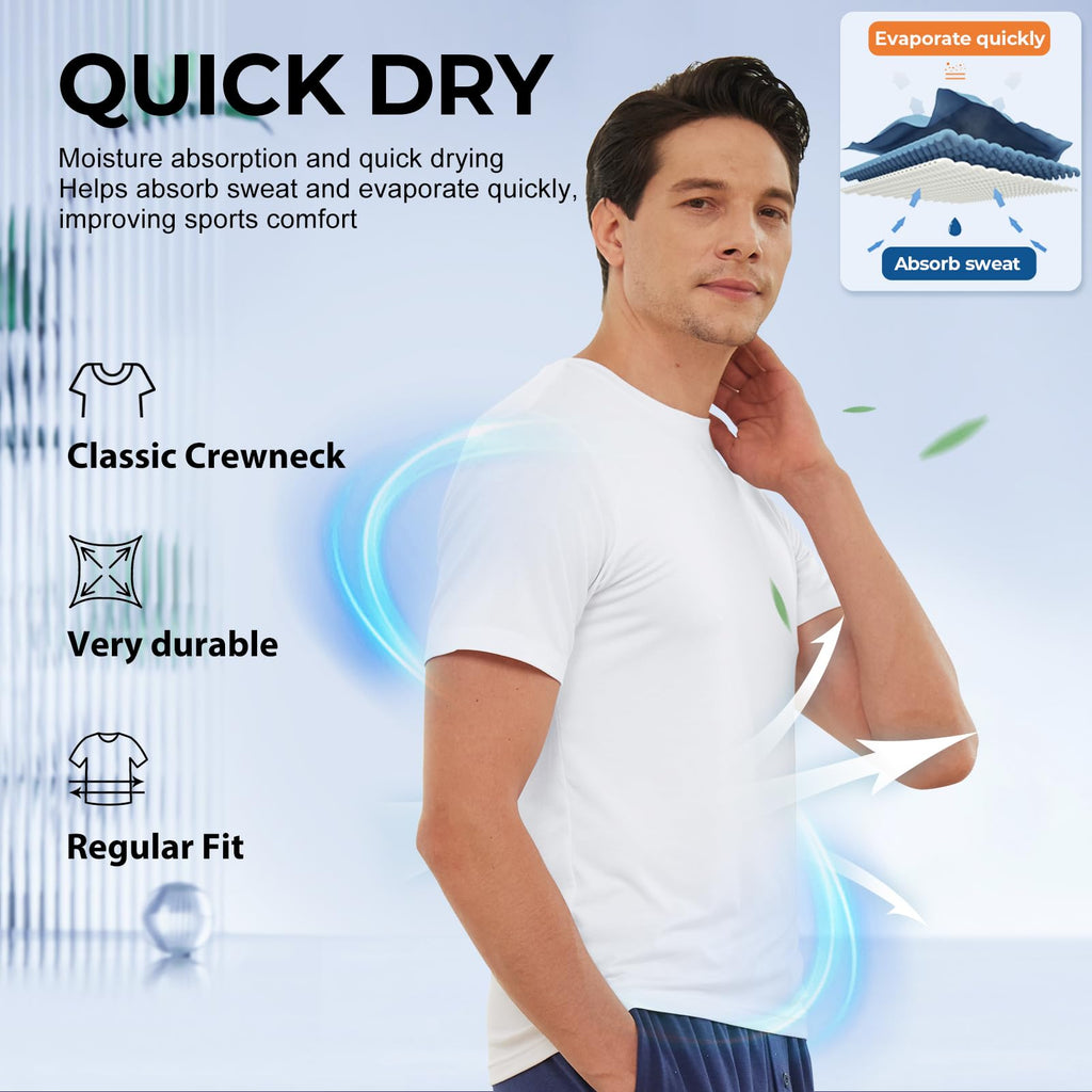 BAMBOO COOL Men's Undershirts Moisture Wicking Crewneck T Shirts, Breathable Stretch Soft Tees for Men, 6 Pack