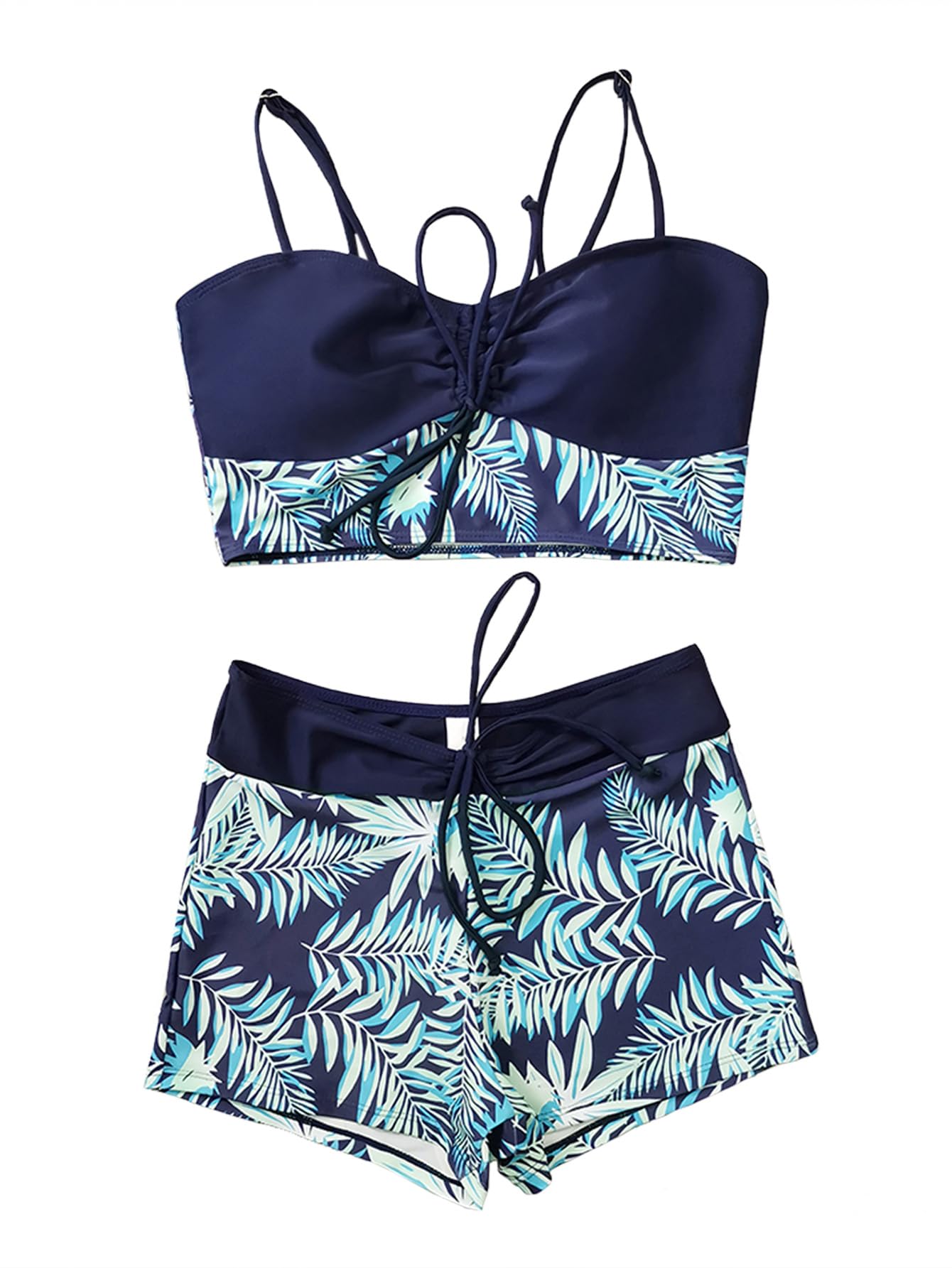 Lilosy Tummy Control Drawstring High Waisted Bikini Set String Swimsuit Spaghetti Strap Cami Top and Tie Side Shorts 2 Piece Women Bathing Suit Leaf Navy Blue X-Large