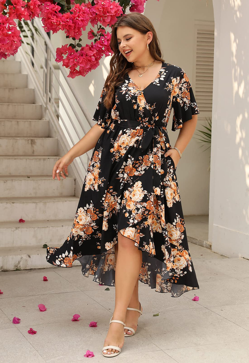 Keluummi Plus Size Maxi Dress for Women Floral Empire Waist V-Neck 3/4 Sleeve with Pockets(18 Plus, 01 - Black Floral)