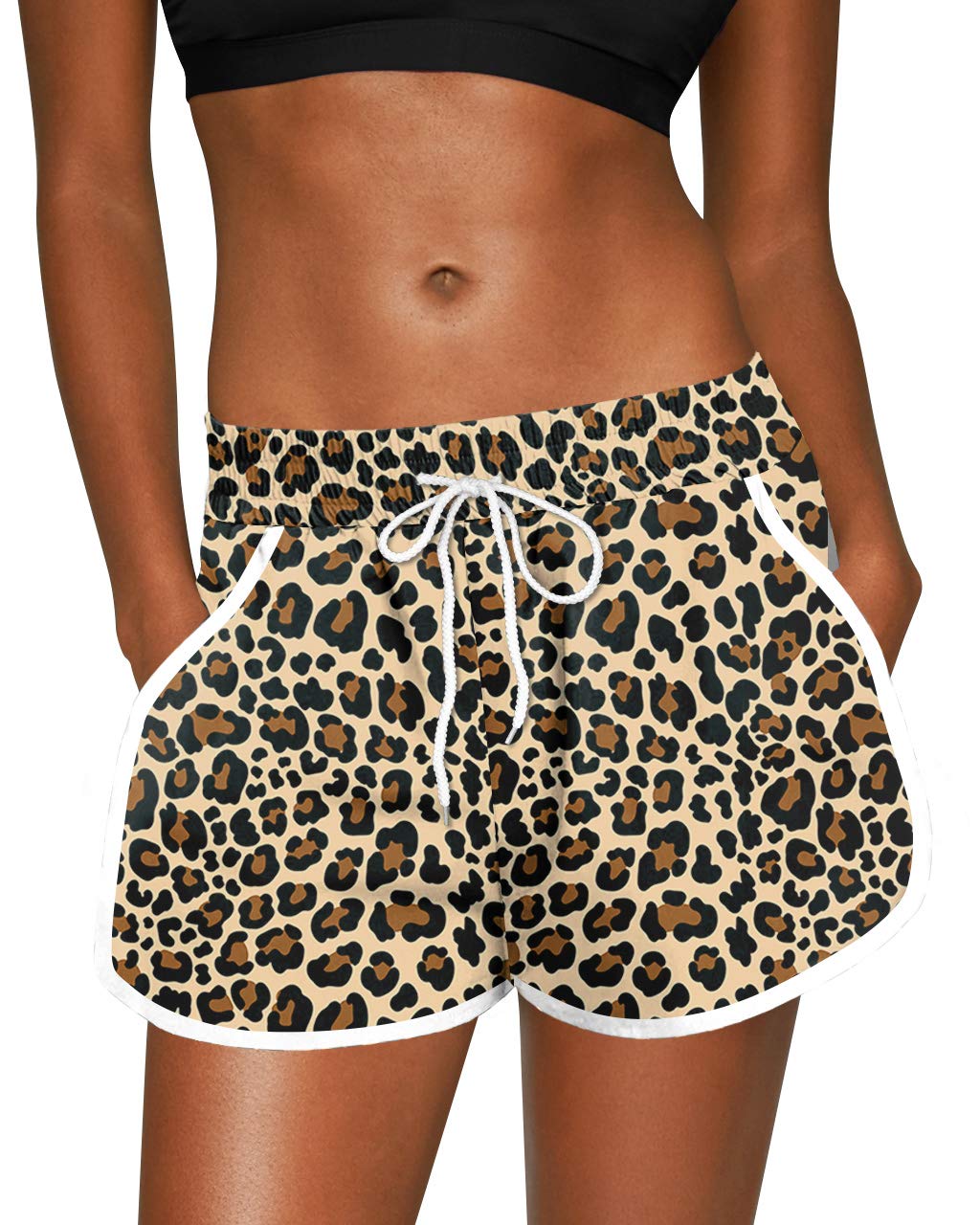 Womens Swim Beach Shorts Stretch Summer Cheetah Leopard Print Swim Trunks Swimwear Bottom M