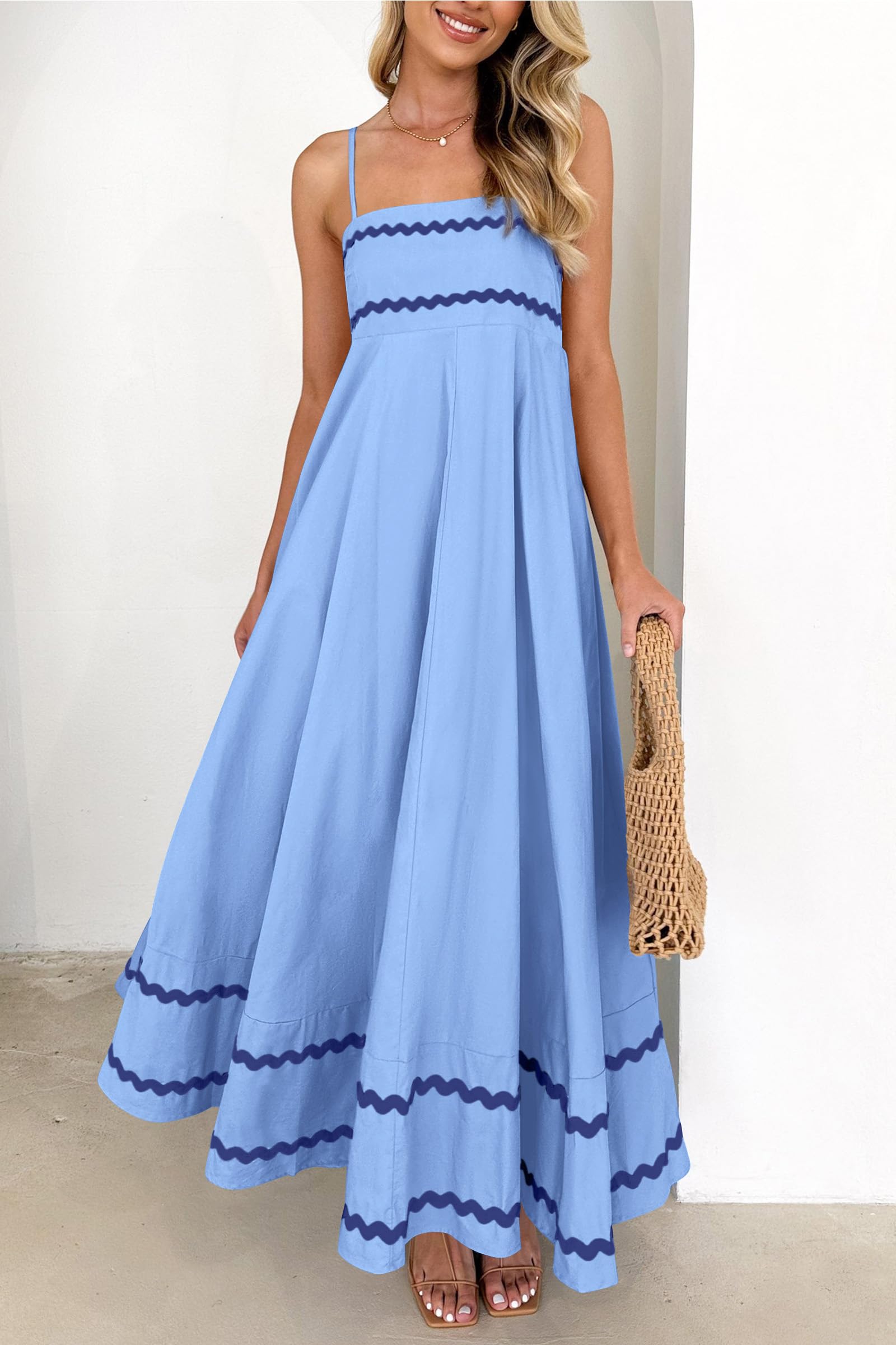 PRETTYGARDEN Women's 2025 Summer Flowy Maxi Dress Casual Sleeveless Spaghetti Strap Ruffle Beach Long Dresses (Light Blue,Large)