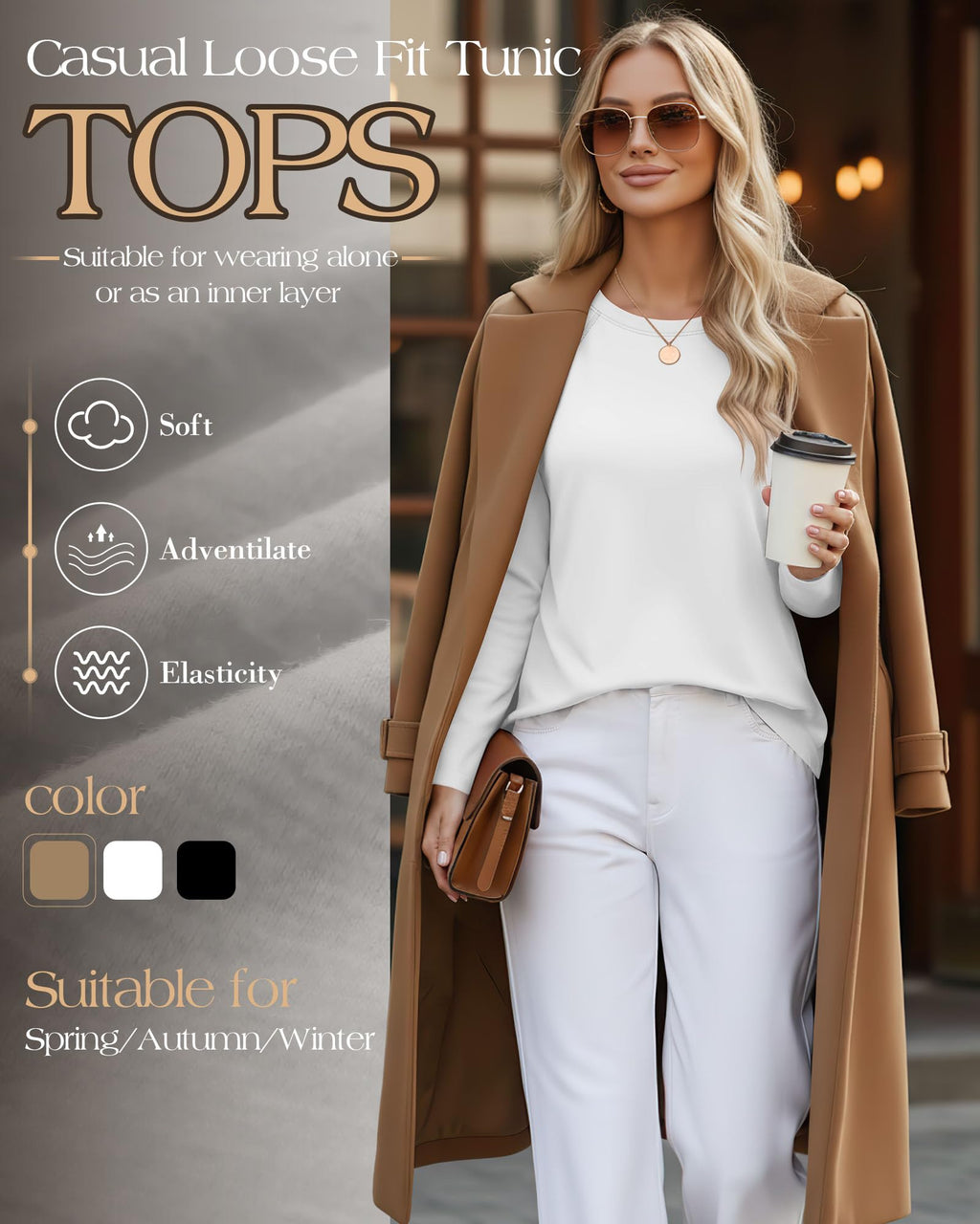 Ficerd 3 Pack Women's Long Sleeve T-Shirts Crew Neck Raglan Sleeve Casual Loose Fit Shirts Side Split Curved Hem Tunic Tops(Black, White, Dark Khaki,XX-Large)